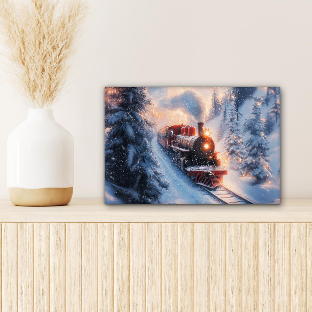 LEINWANDBILD Weihnachtszug - Schnee - Winter - Weihnachten 30x20 cm - Dunkelrot, Textil (30/20cm) - MuchoWow