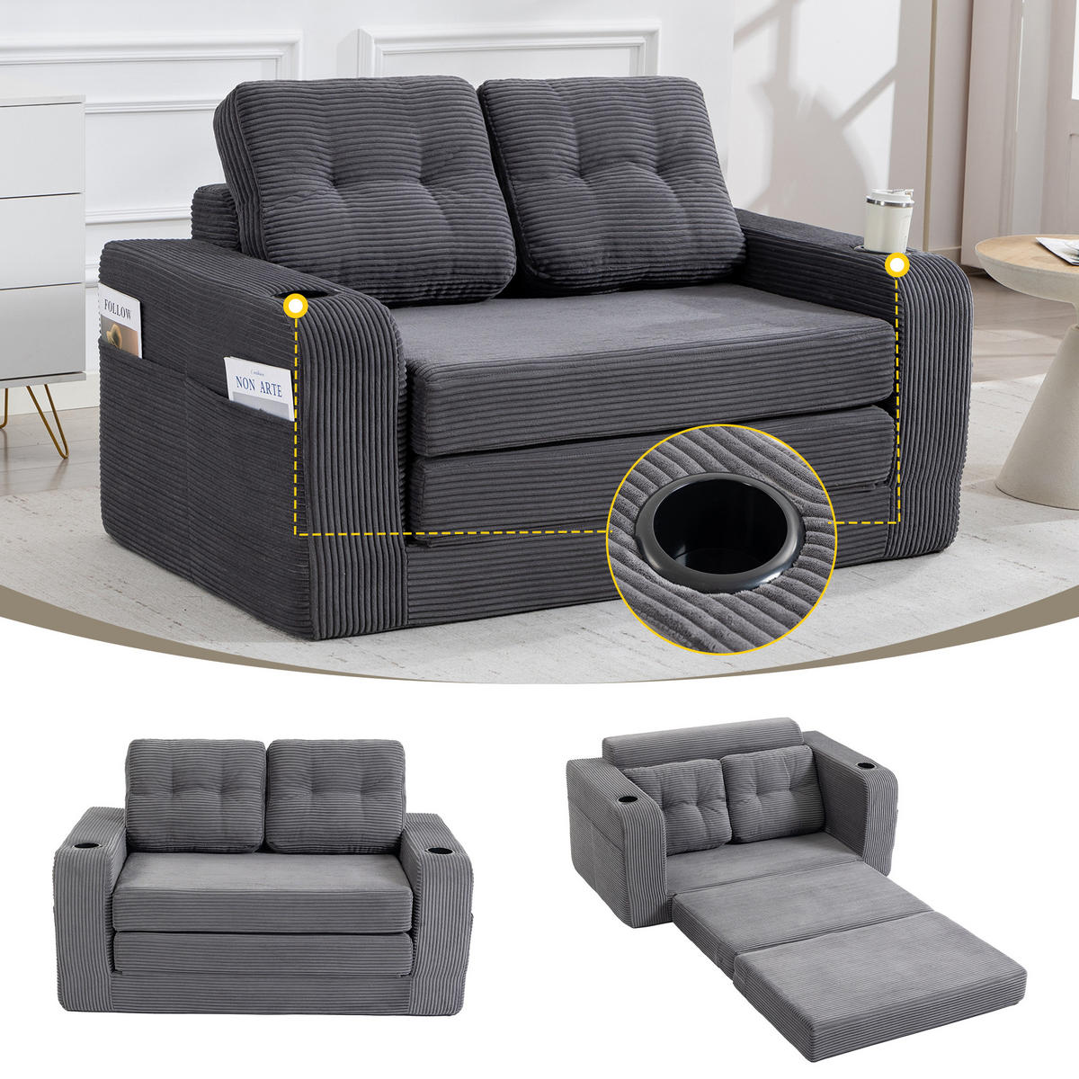 SCHLAFSOFA in Grau Cord mit Getränkehalter und Seitentaschen - Grau, Textil (136/82.5/80cm) - Oxeza