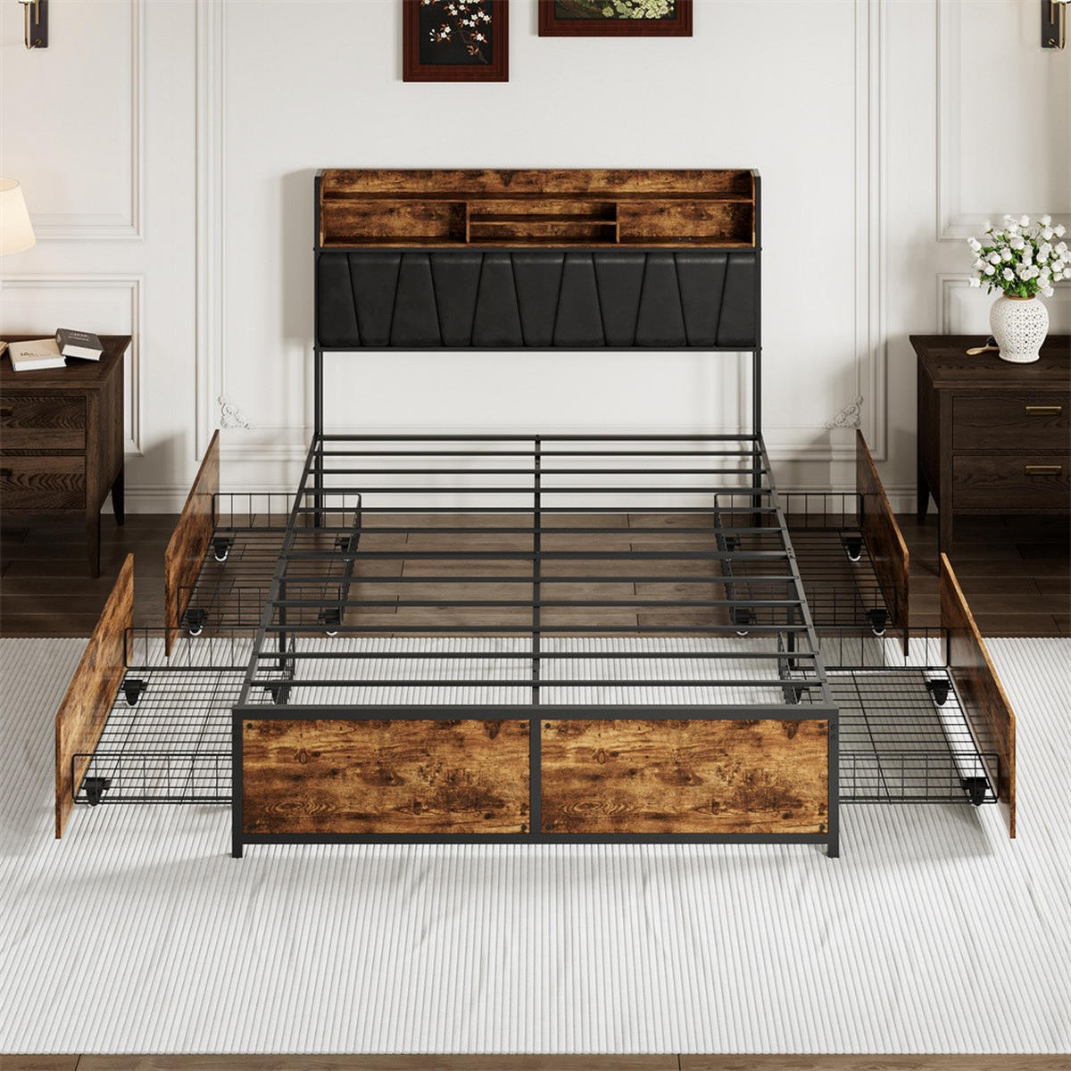 METALLBETT 140x200 cm mit 4 Schubladen - Kopfteil mit offenem Stauraum - LED Beleuchtung & integrierte Ladestation - Schwarz, Metall (140/200cm) - DELFA