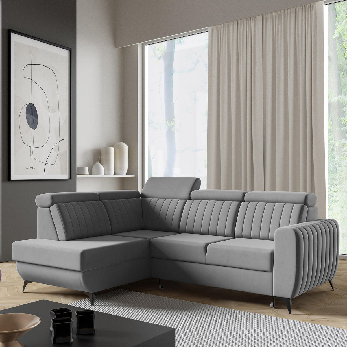ECKSCHLAFSOFA Connor II verstellbare Kopfstützen, Grau, links - Schwarz/Grau, Textil (268/204cm) - Beautysofa