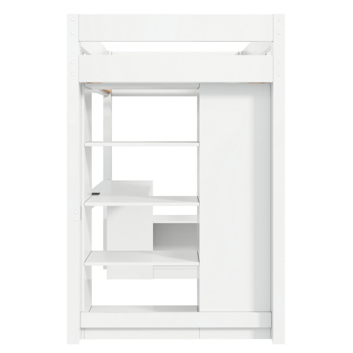HOCHBETT weiß 90 × 200 cm aus Kiefernholz‑MDF mit Kleiderschrank, Regalen, Unterbettschreibtisch, LED‑Beleuchtung und USB‑Anschluss - Weiß, Holzwerkstoff (90/200cm) - Luhomfu
