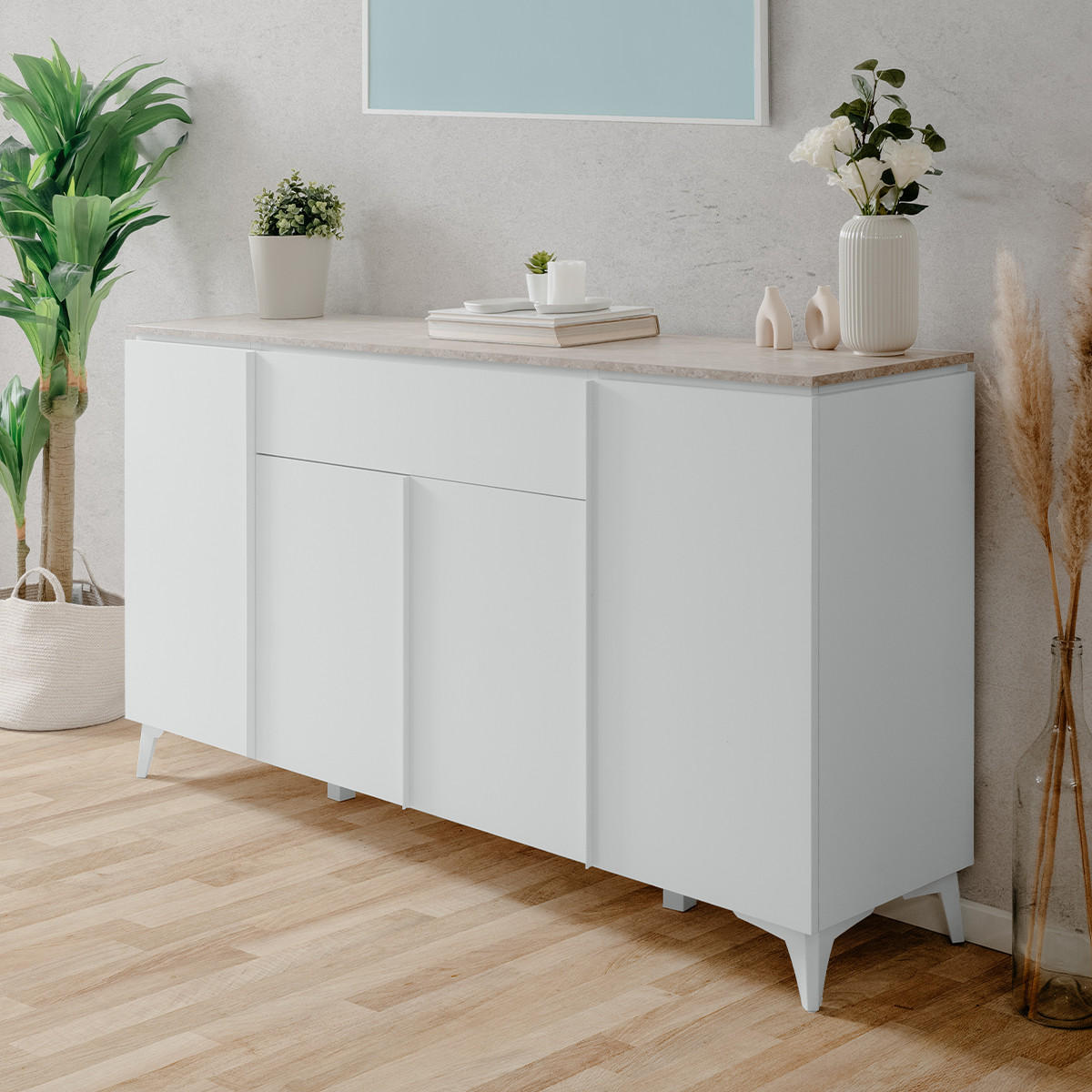 SIDEBOARD 4 Türen 1 Schublade L177 cm - BERTRIX - Weiß, Holzwerkstoff (177/92/40cm) - Finori GmbH