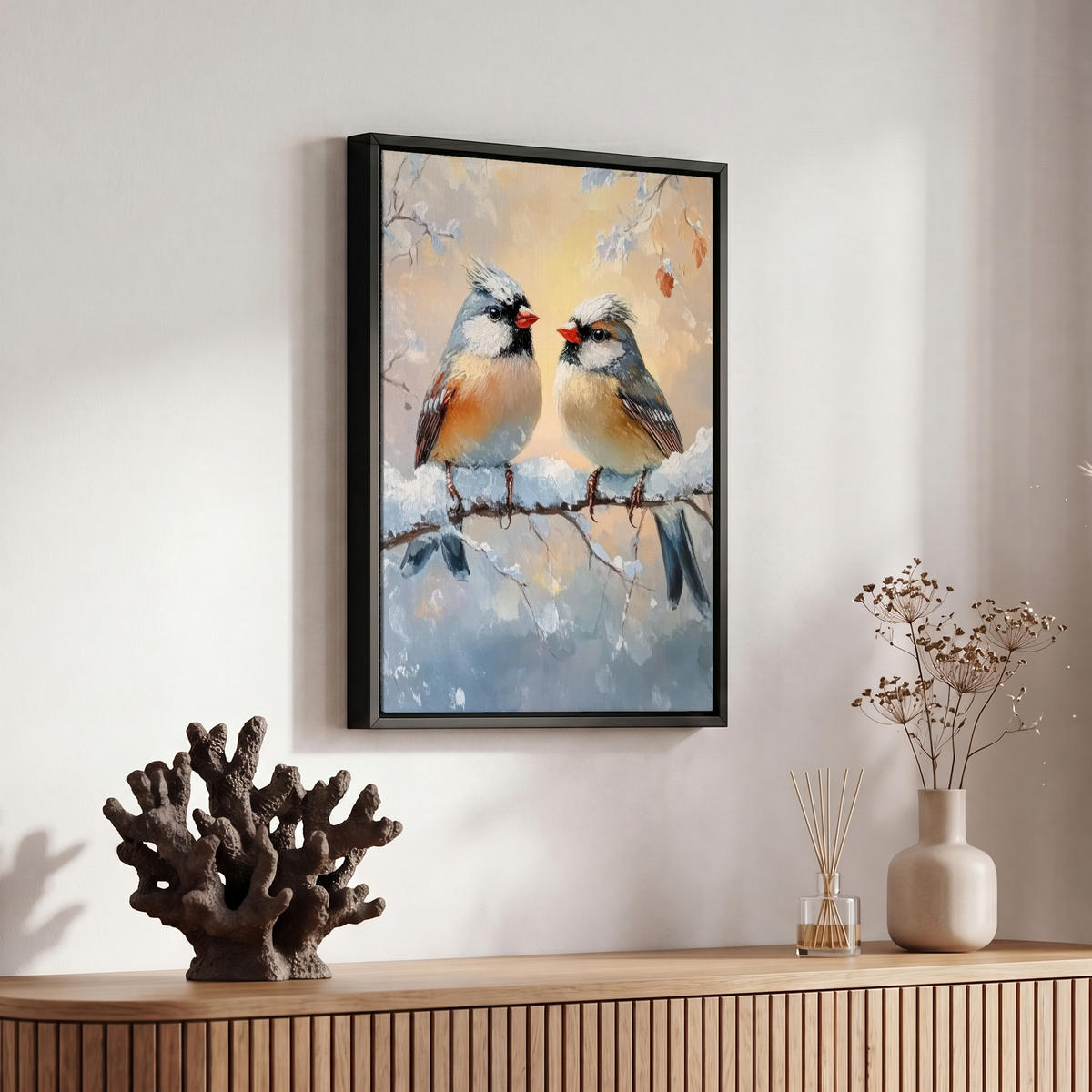 LEINWAND Bilder mit Rahmen - Vögel - Zweig - Winter - Schnee - 20x30 - Pastellblau, Textil (20/30cm) - MuchoWow