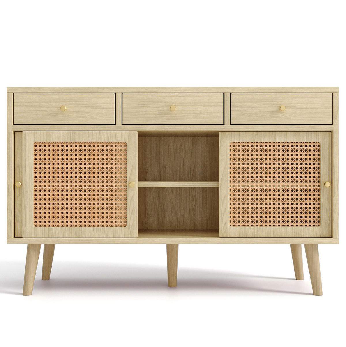 SIDEBOARD 120/40/78 cm mit 3 Schubladen, 3 Schiebetüren & Rattanfronten - Eichefarben, Holzwerkstoff (120/78/40cm) - BEAOK