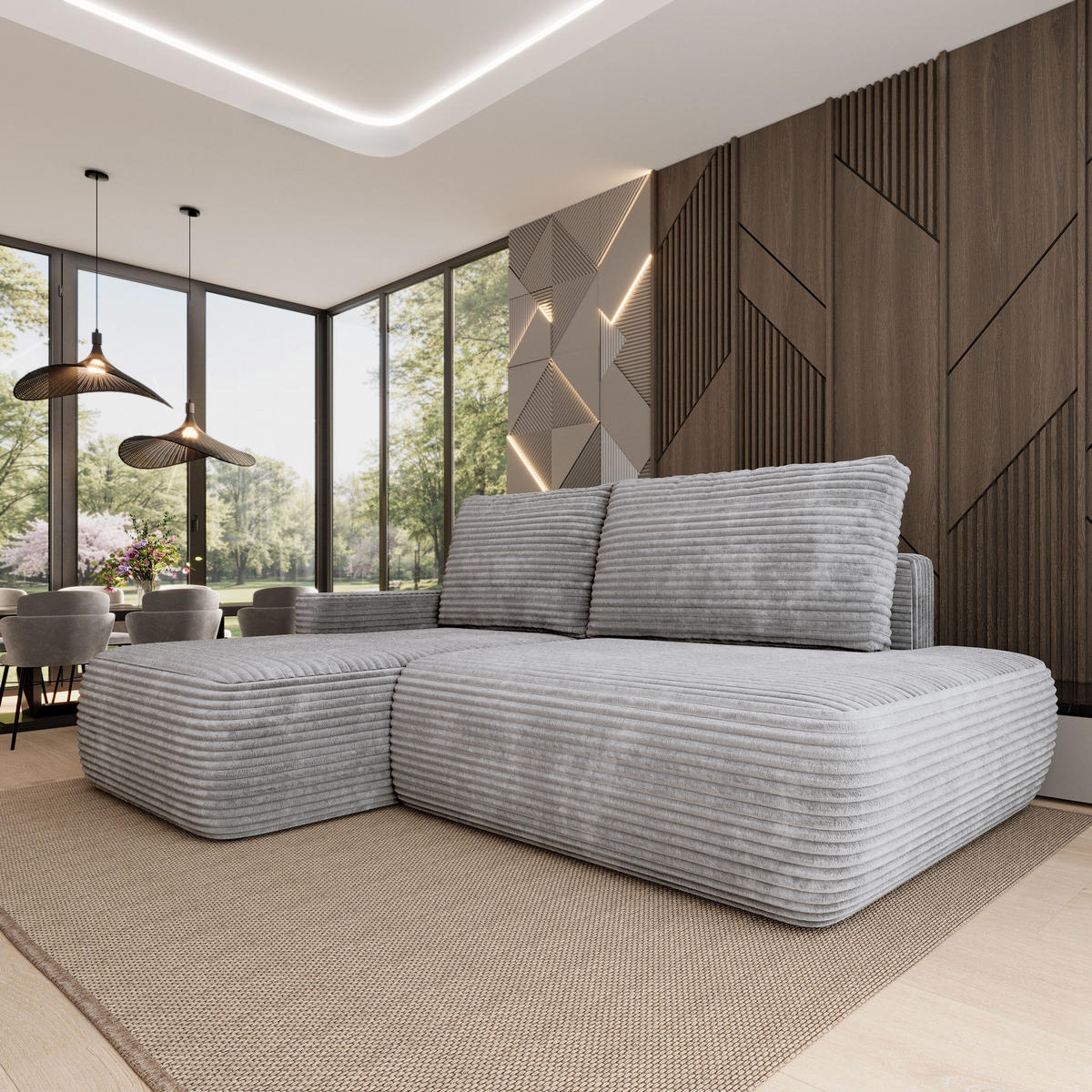 ECKSOFA AVINI T L-S Hellgrau Kordstoff mit Schlaffunktion - Hellgrau, Holzwerkstoff/Textil (277/160cm) - MASSENO