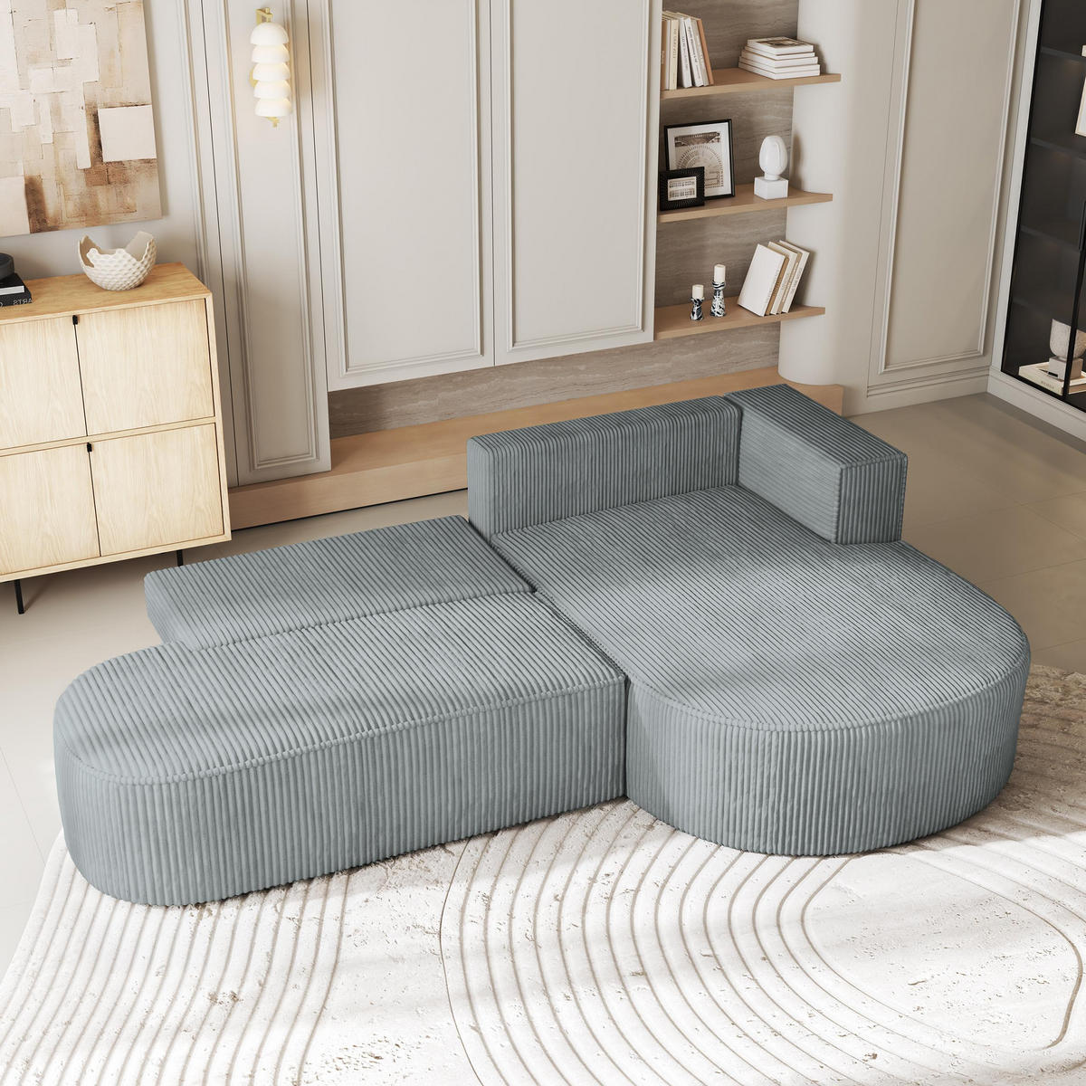 ECKSOFA CORTIO P R-S Hellgrau Kordstoff mit Schlaffunktion - Hellgrau, Holz (265/174cm) - MASSENO