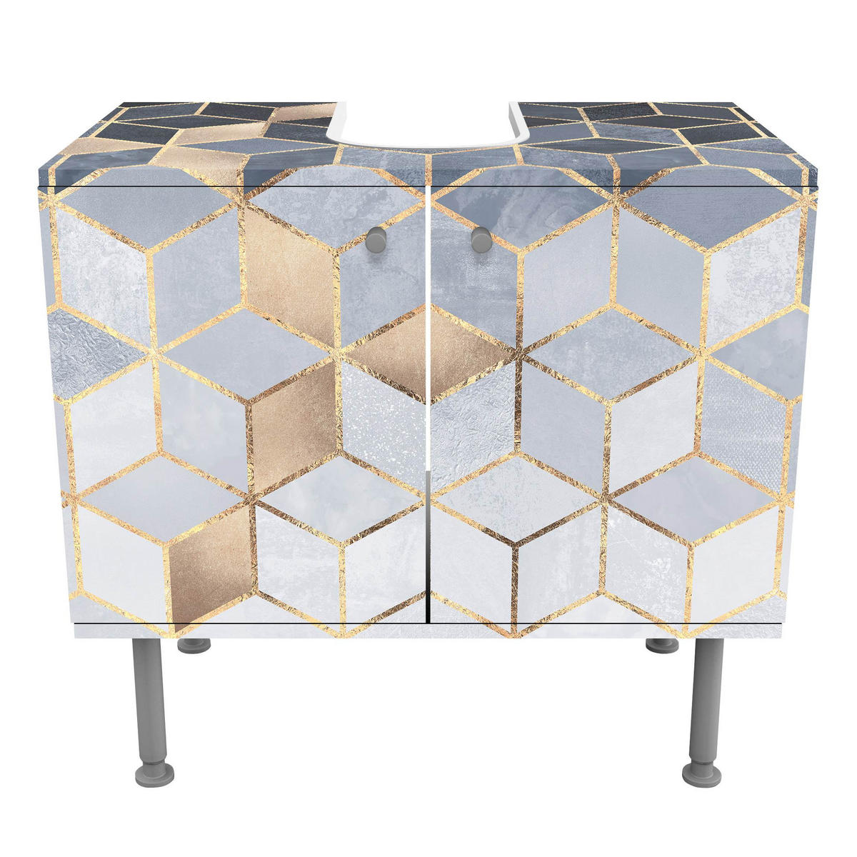 WASCHBECKENUNTERSCHRANK Blau Weiß goldene Geometrie 60/55/35 cm - Goldfarben, Holzwerkstoff (60/55/35cm) - Bilderwelten