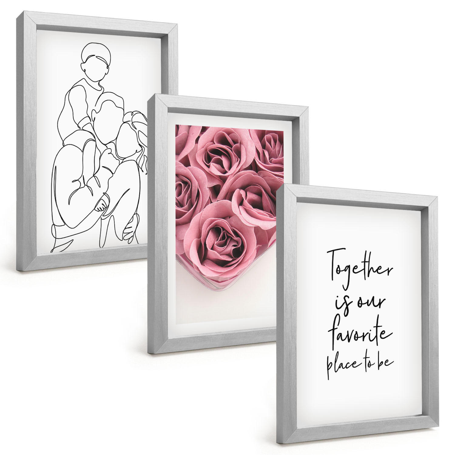 BILDER SET 3er Set - 20x30 cm Silberner Rahmen - Rosensträuße als Familienzeichnung - Silberfarben, Kunststoff (20/30cm) - TULUP