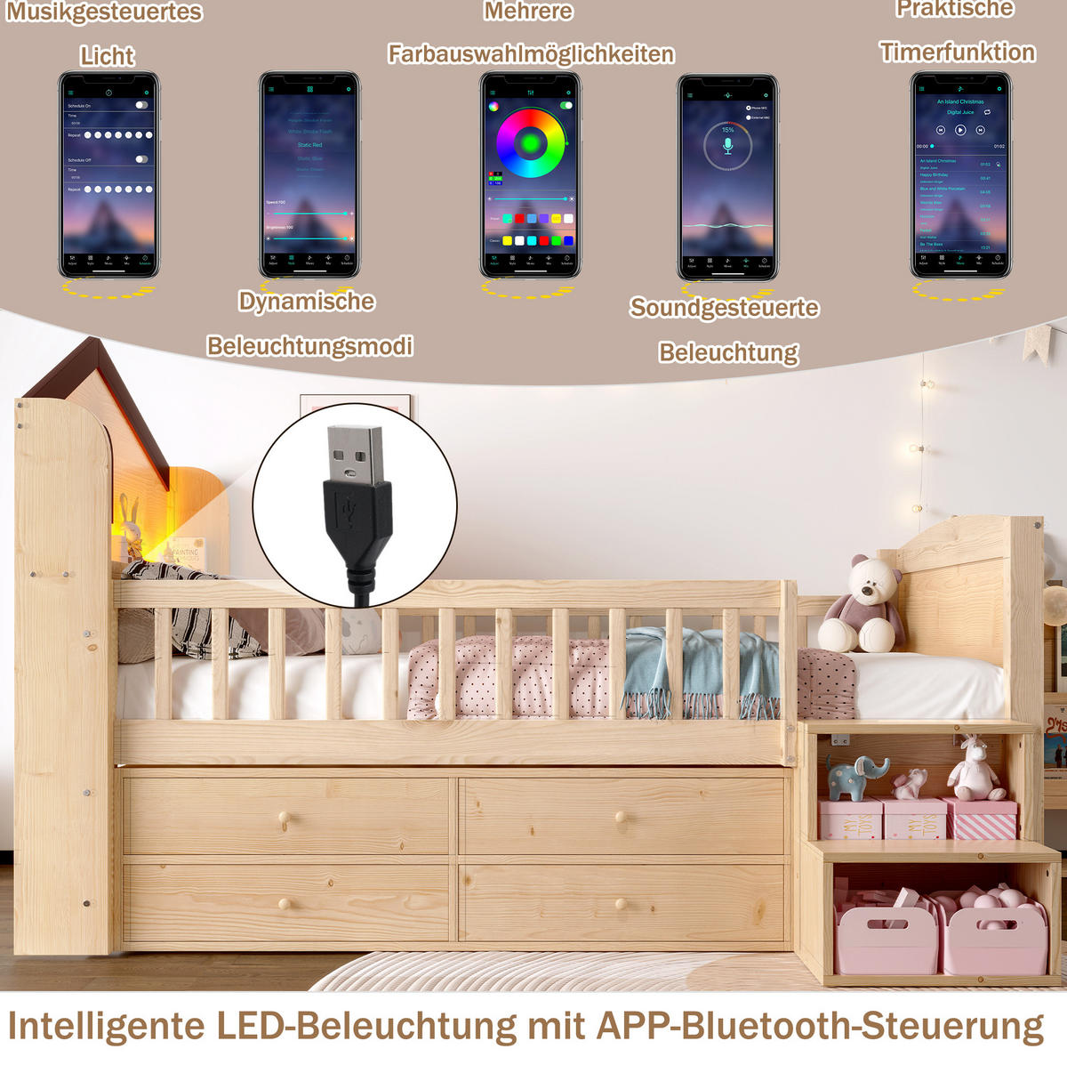 VÝŠKOVÁ posteľ 90/200 cm biela/prírodná z borovice s LED osvetlením úložným rebríkom a 4 zásuvkami - prírodná farba, kompozitné drevo (90/200cm) - OKWISH