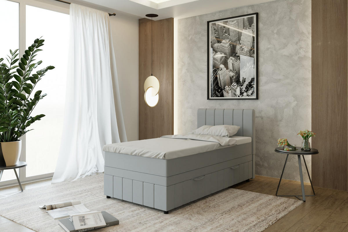 BOXBETT AVALON 100 x 200 cm mit Bettkasten und Topper - Hellgrau - Hellgrau, Holz - Panda Möbel