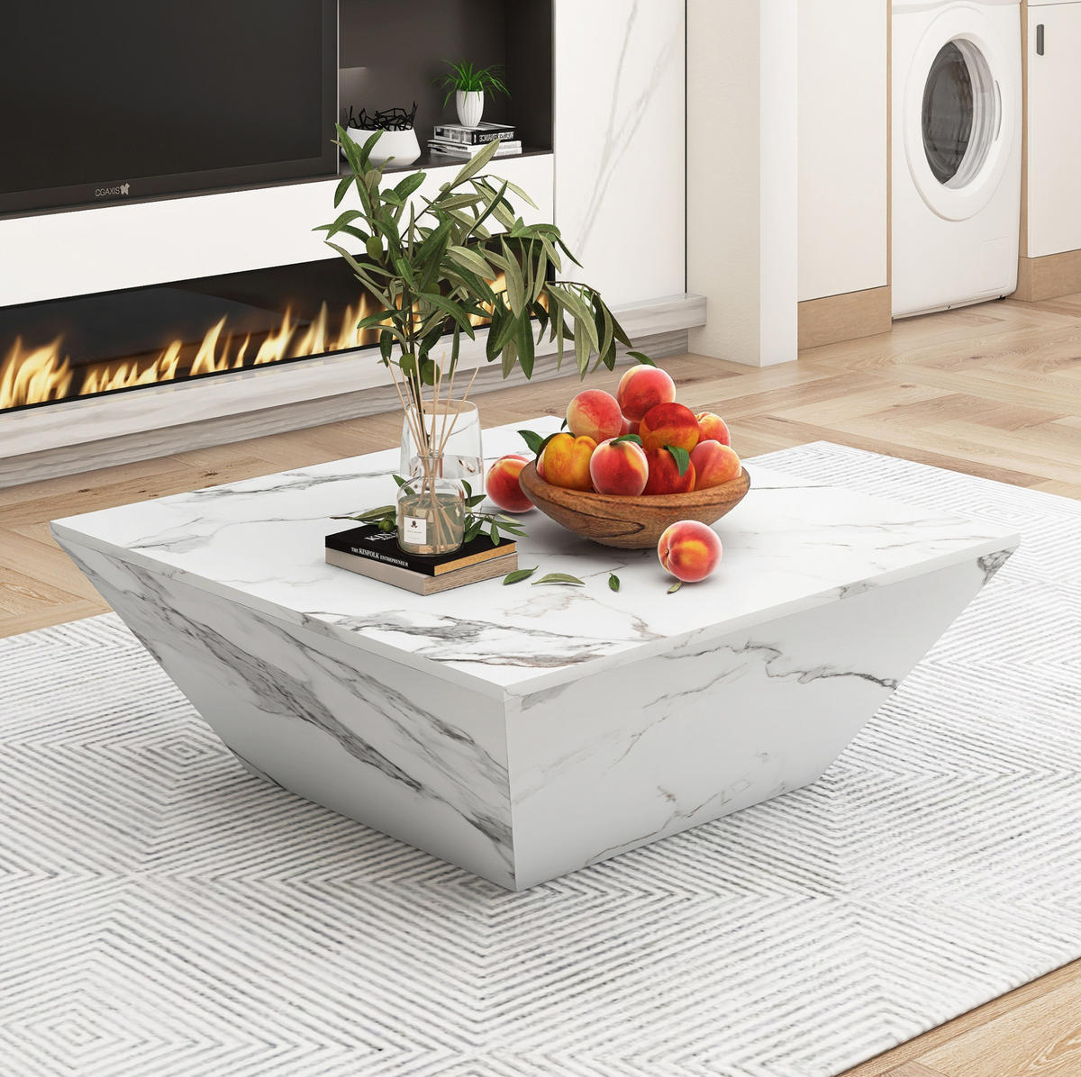 COUCHTISCH, trapezförmig, MDF mit Marmorfurnier, 2 Schubladen, modernes Light-Luxury-Design, 70/70/37 cm, Weiß - Weiß, Holzwerkstoff (70/70/37cm) - Redom