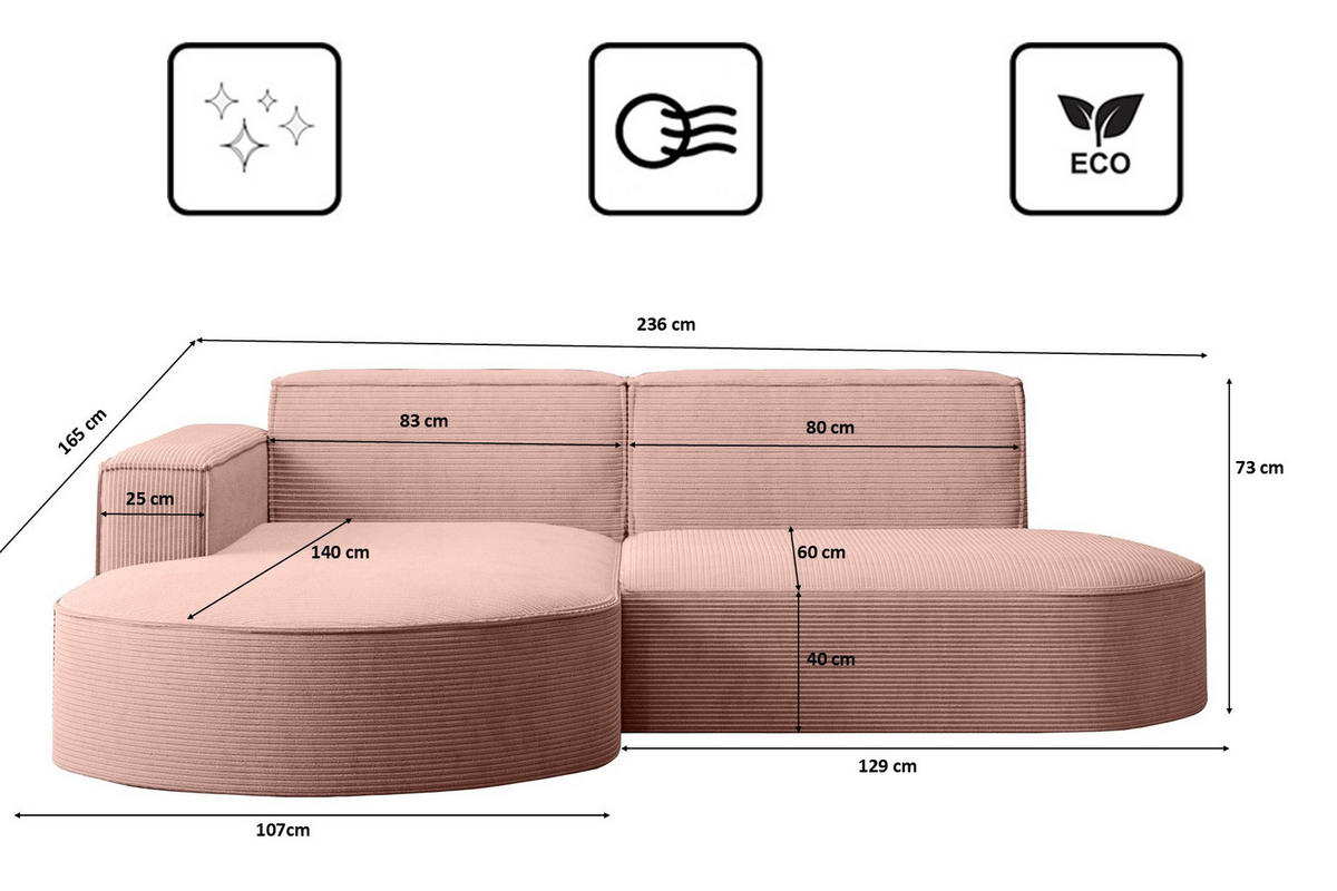 ECKSOFA Modena Studio, Cord Stoff Rosa Links - Rosa, Holzwerkstoff/Textil (165/236cm) - Kaiser Möbel