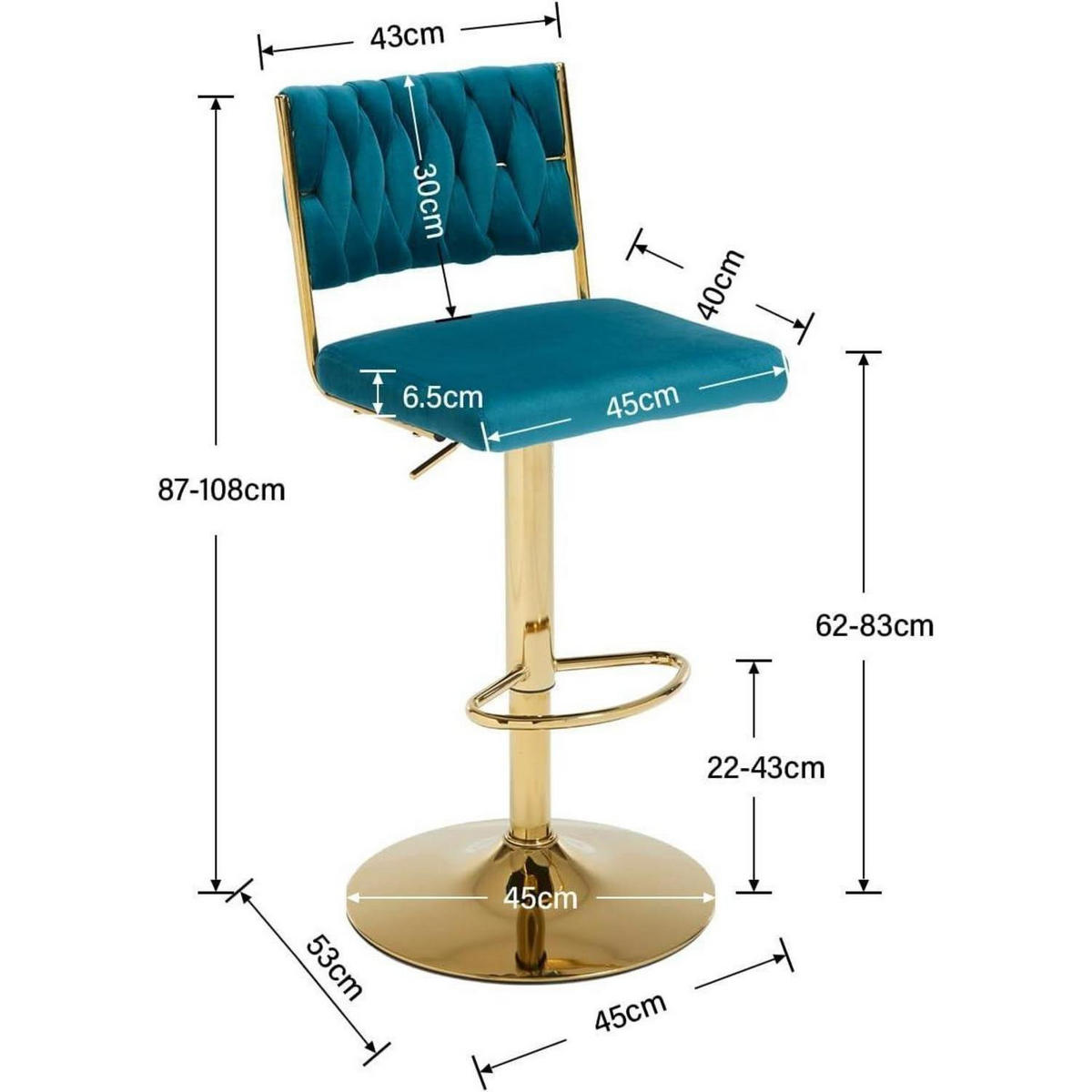 BARHOCKER 4er Set, drehbar, höhenverstellbar, Samt, Teal - Petrol, Textil (52/88/43cm)
