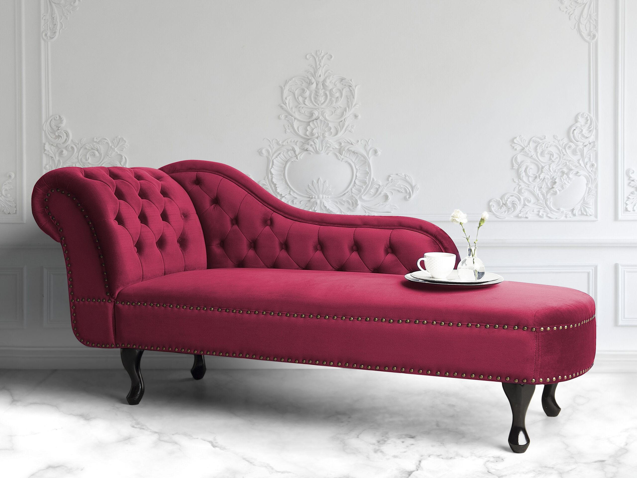 CHAISELONGUE Samtstoff burgunderrot linksseitig Nimes - Rot/Schwarz, Textil (170/79/61cm) - Beliani