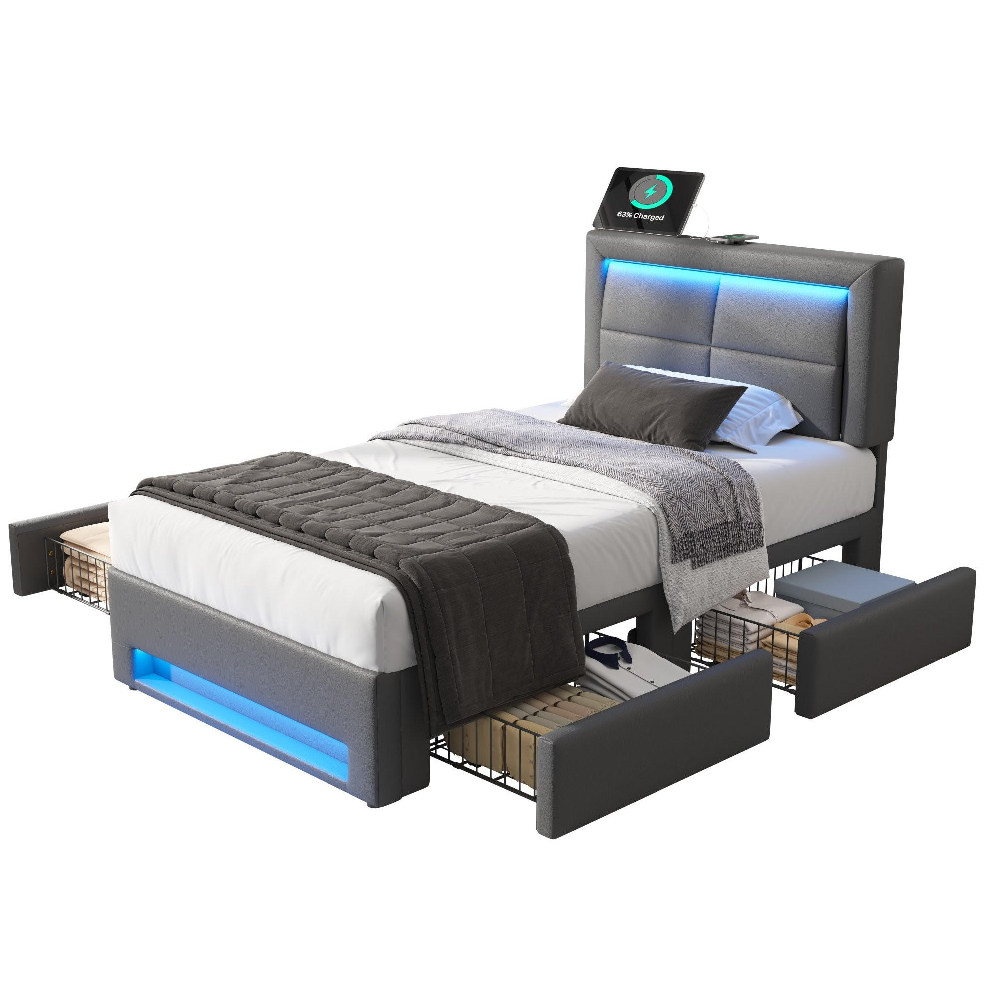 POLSTERBETT 90/190 cm mit USB-Anschluss, LED-Beleuchtung, 4 Schubladen und PU-Bezug, Grau - Grau, Kunststoff (90/190cm) - Redom