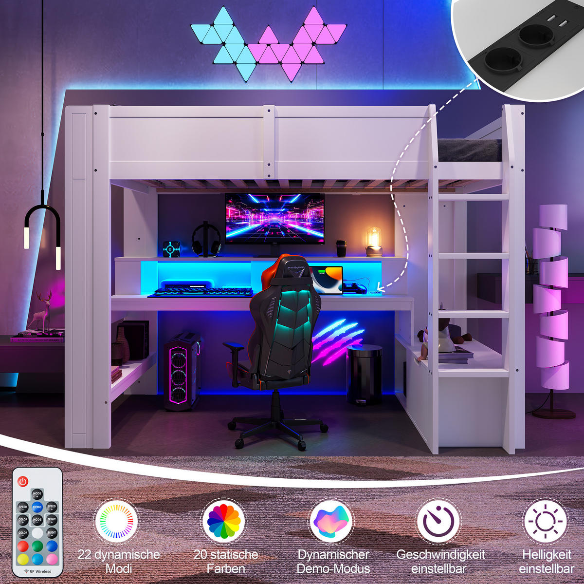 HOCHBETT 90/200 cm Weiß aus Kiefernholz und MDF mit Schreibtisch und LED-Beleuchtung - Weiß, Holz (90/200cm) - OKMYHOME