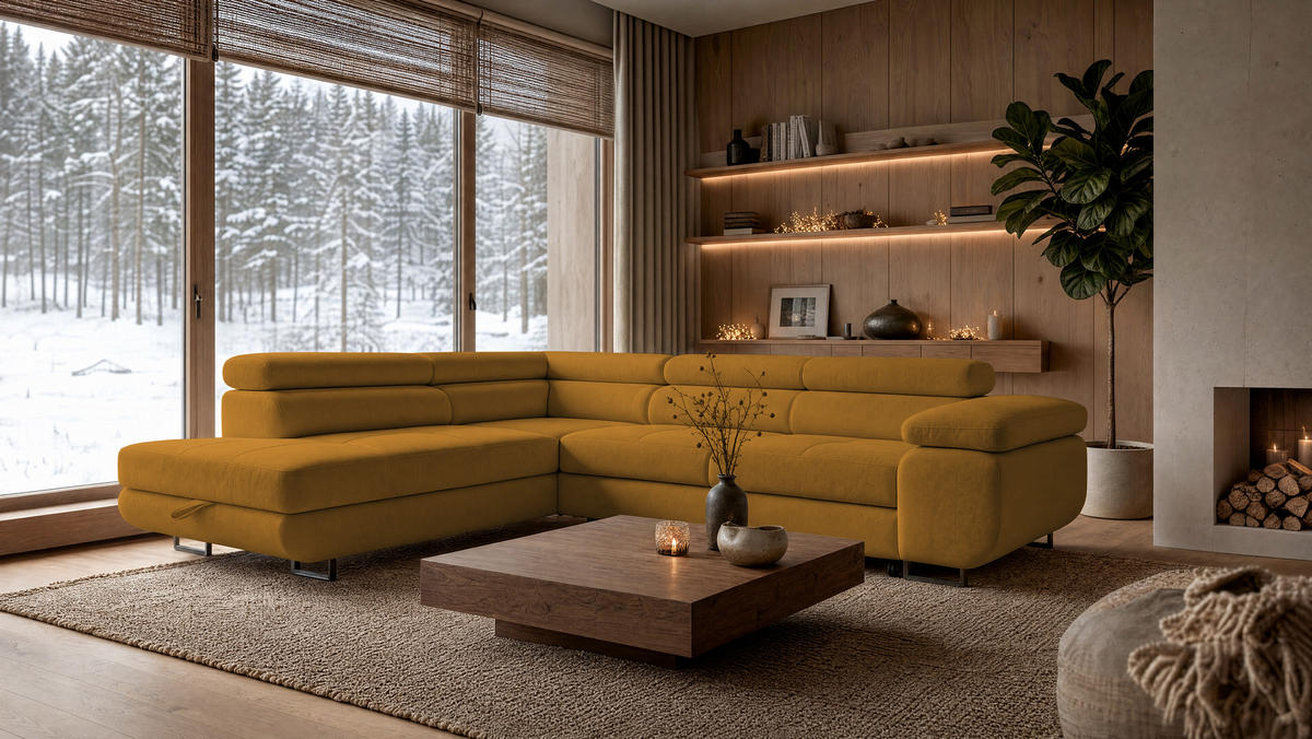 ECKSOFA Velmo mit Bettkasten und Schlaffunktion, verstellbaren Kopfstützen, in L-Form - Goldfarben, Textil (275/203cm)