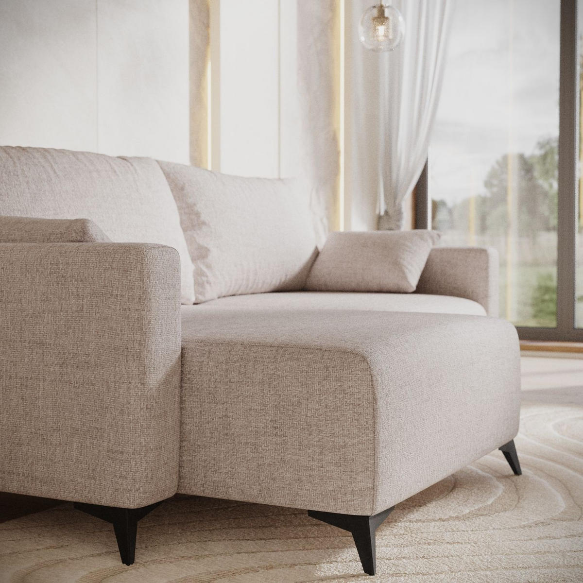 ECKSOFA NUVIO mit Schlaffunktion Hellbeige im Neve Stoff - Sandfarben/Schwarz, Holz/Holzwerkstoff (239/148cm) - AltaBeds