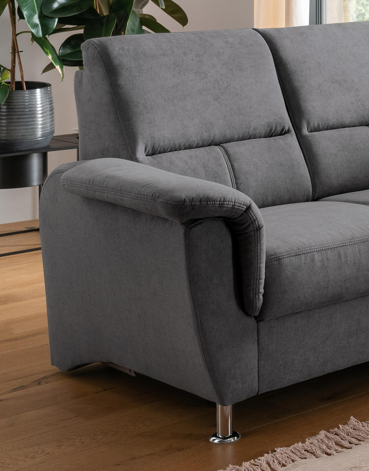 ECKSOFA mit gleichschenkligen Seitenlängen, Federkern - Chromfarben/Dunkelgrau, Textil/Metall (221/221cm) - myHomelando