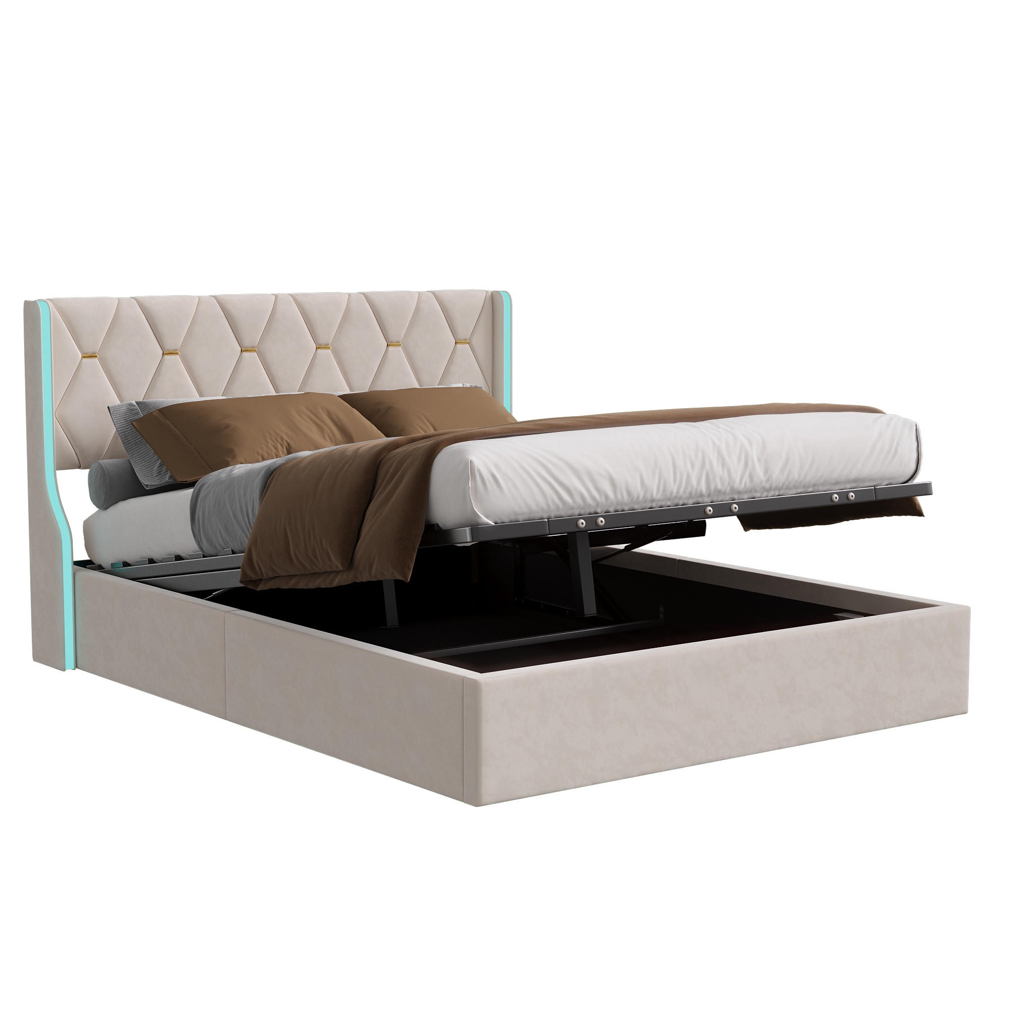 POLSTERBETT mit Bettkasten 140/200cm, mit LED-Beleuchtung, hydraulischem Stauraum, Beige - Beige, Holzwerkstoff (140/200cm) - Brevoria