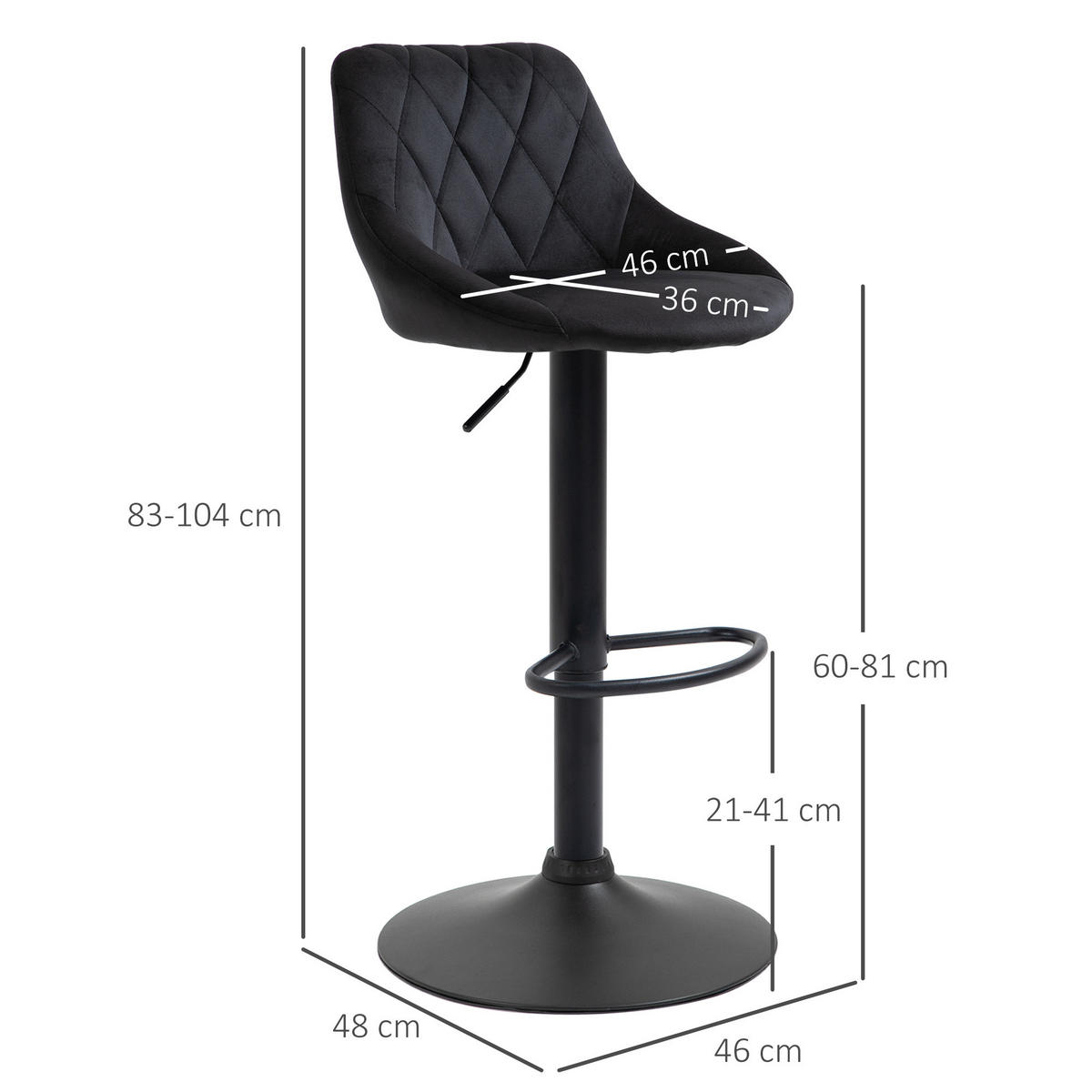 2ER-SET Barhocker, Drehstuhl, höhenverstellbarer Bistrohocker, Barstuhl, Schwarz - Schwarz, Kunststoff (48/83/51.5cm) - HOMCOM