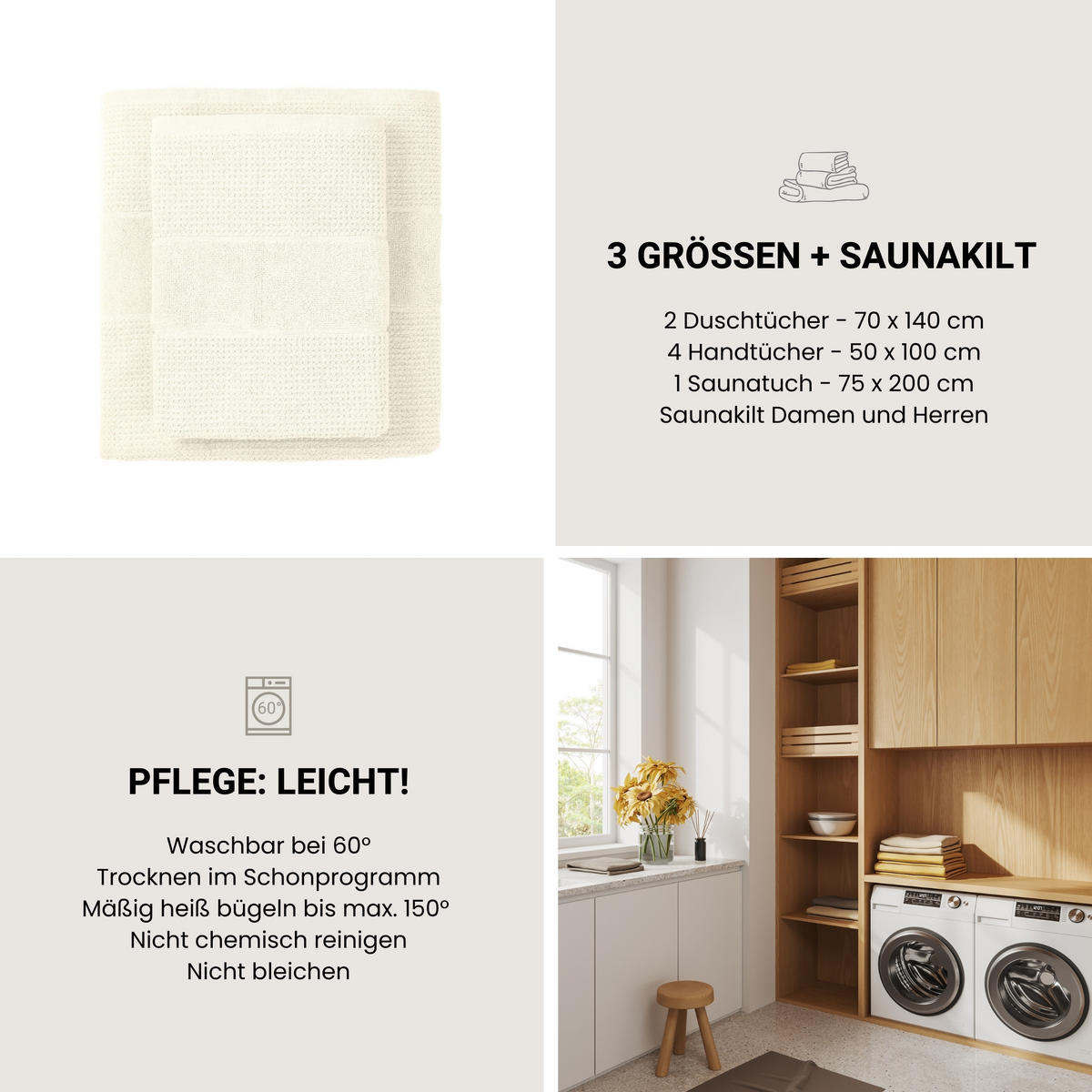 DUSCHTUCHSET Turin - 2-teilig - 70 x 140 cm - Offwhite - Weiß, Textil (70/140cm) - SCHIESSER