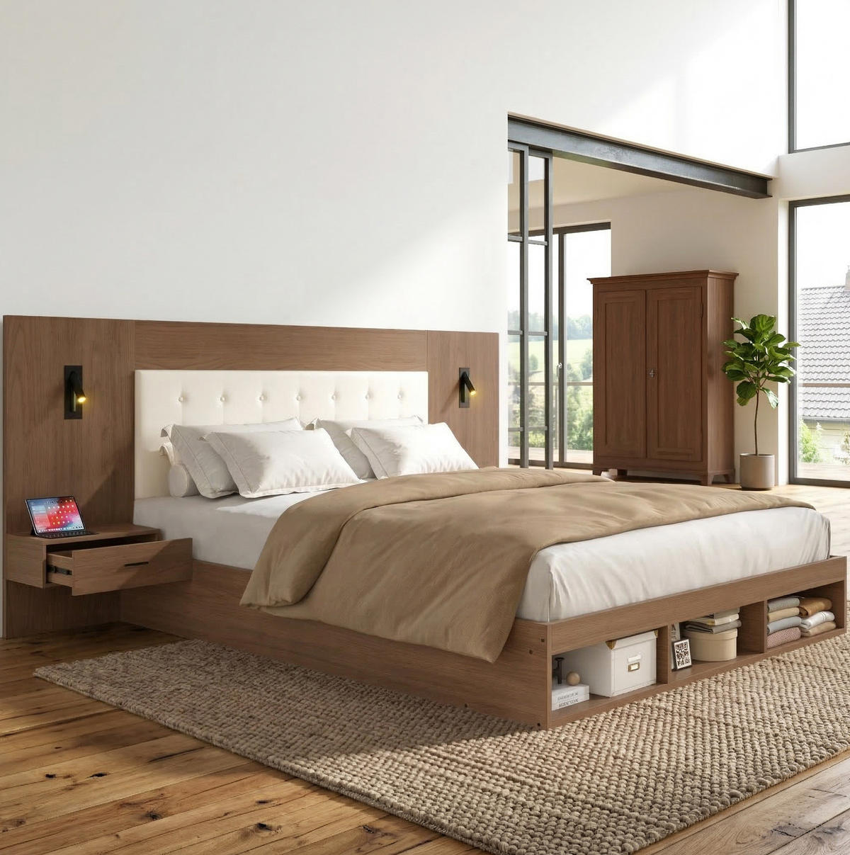 DVOJLÔŽKOVÁ posteľ z MDF 180x200 cm orechová s USB a Type-C nabíjaním, lampičkou a úložným priestorom - farba orecha, kompozitné drevo (180/200cm) - Modfu