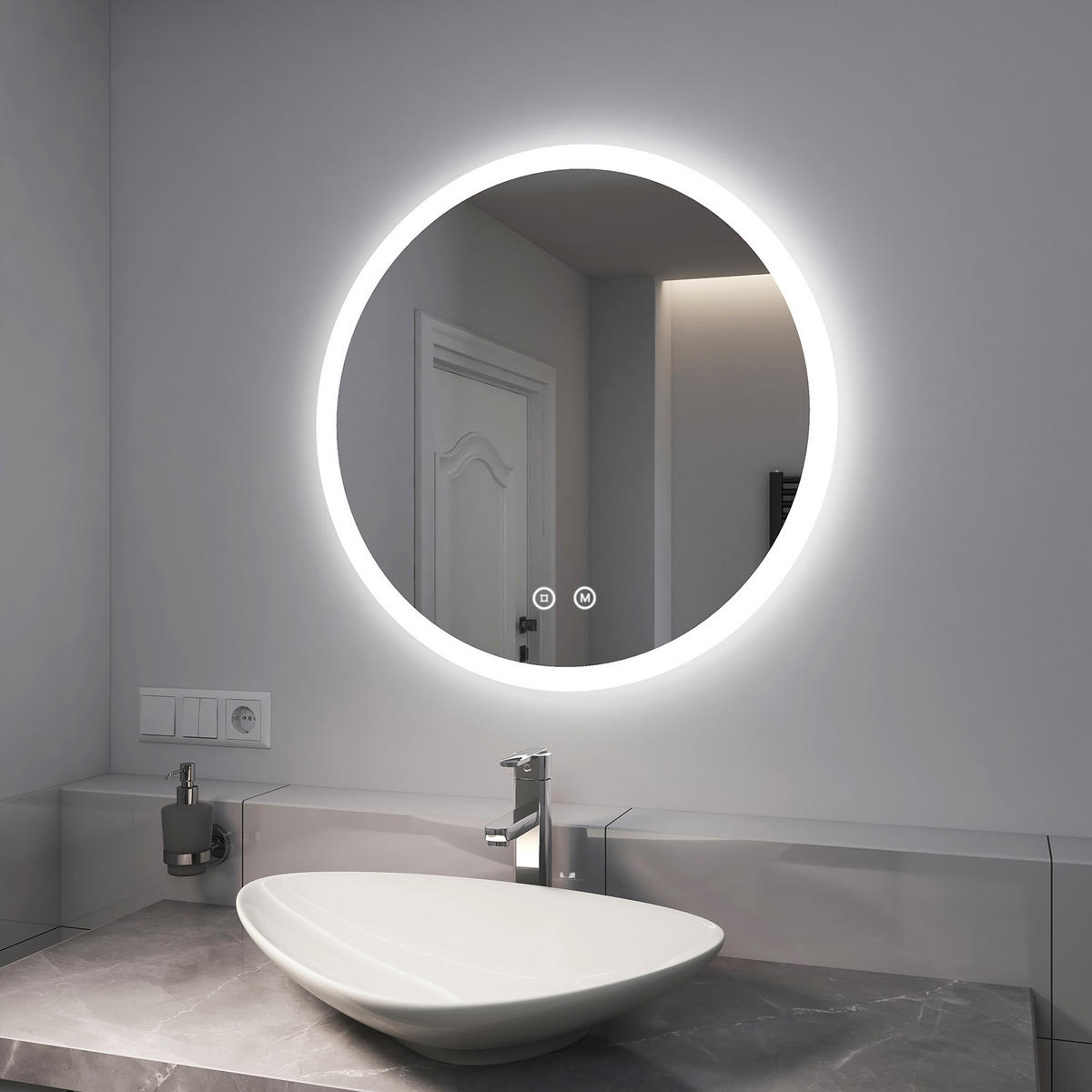 BADSPIEGEL mit Beleuchtung 3 Lichtfarben einstellbar beschlagfrei ф70 cm - Weiß, Glas (70/3.5/70cm) - EMKE