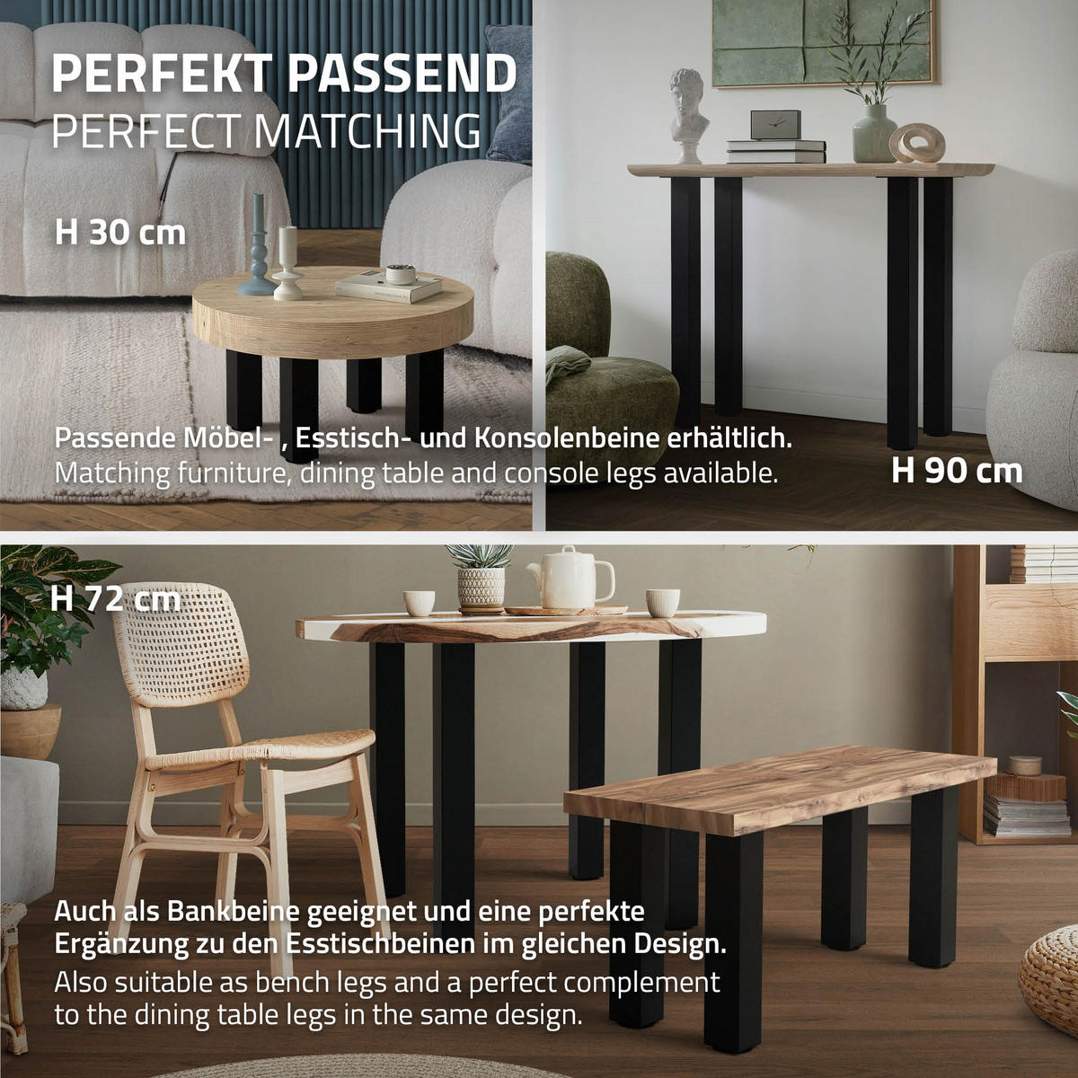 TISCHBEINE 4er Set I-Design H:42 cm Schwarz 8x8 cm - Schwarz, Metall (8/42/8cm) - ML-DESIGN