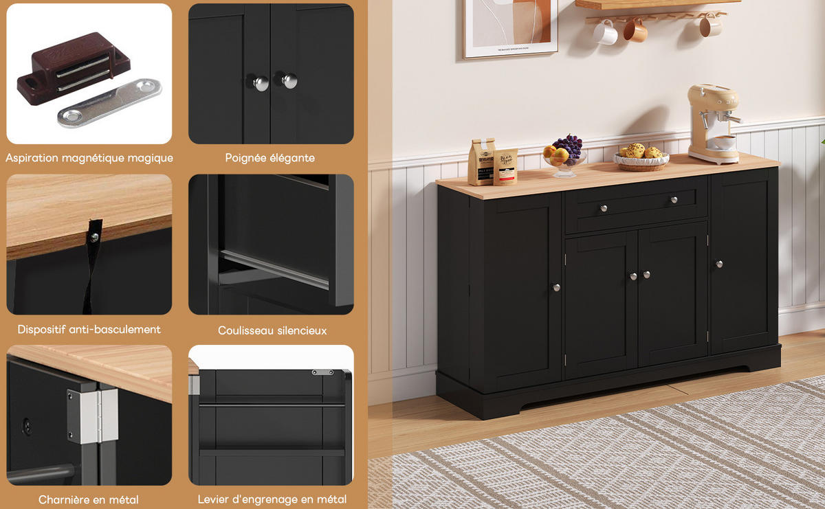 SIDEBOARD 138 cm Schwarz aus MDF mit verstellbaren Einlegeböden - Schwarz, Holzwerkstoff (40/85/138cm) - OKMYHOME