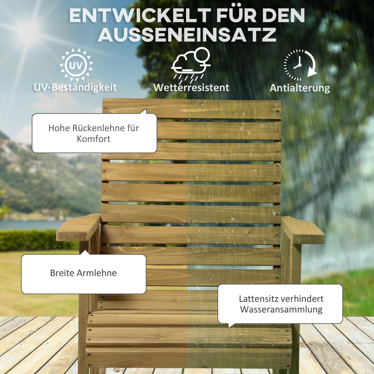 SCHAUKELSTUHL mit Armlehne, bis 130 kg, 64 x 86 x 85 cm, Tannenholz, Hellbraun - Braun, Holz (86/85/64cm) - Outsunny