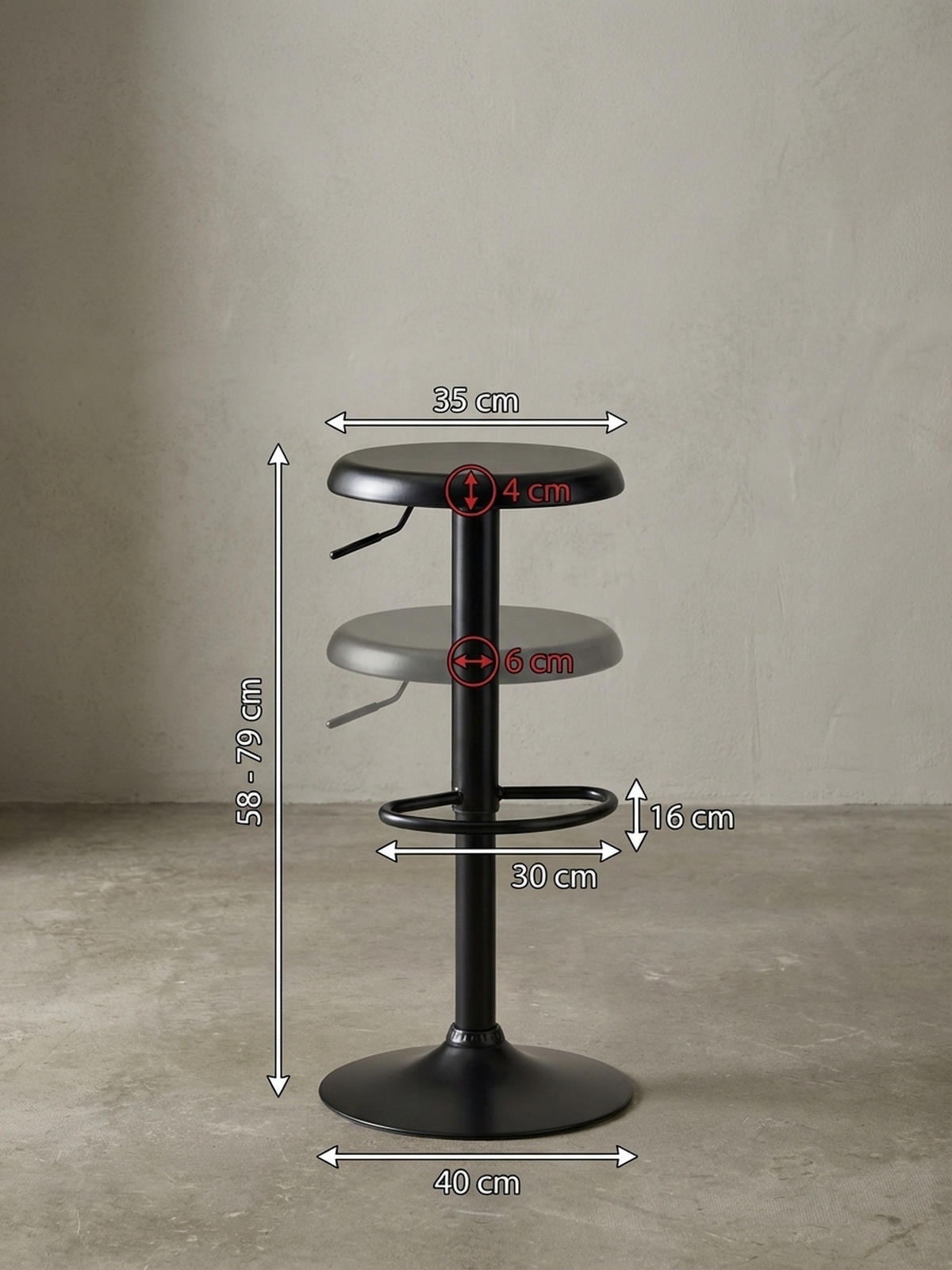 BARHOCKER – Schwarz, höhenverstellbar, mit Fußablage, 40x58–79 cm - Schwarz, Metall (40/79/40cm) - KADIMA DESIGN