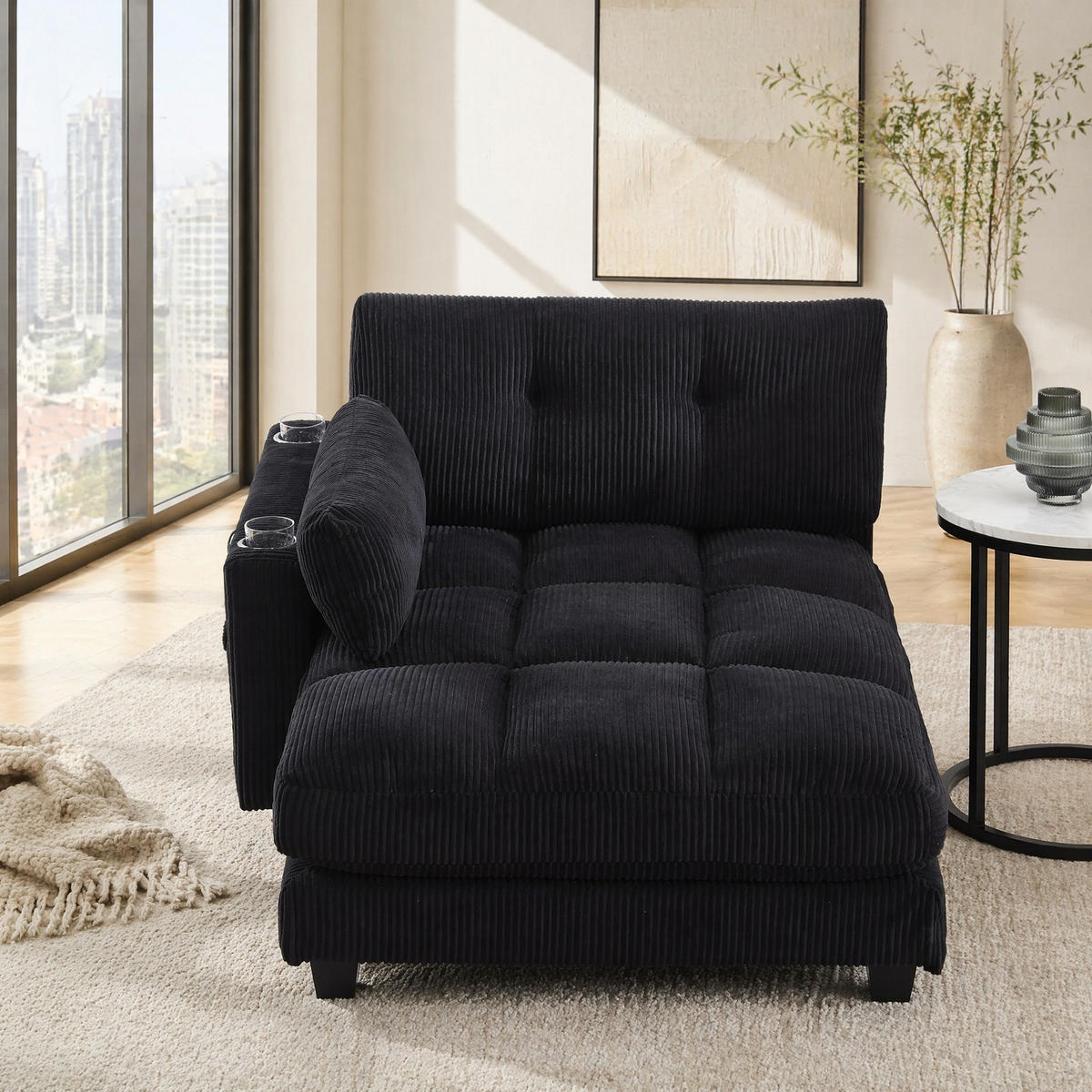 SESSEL 1-Sitzer in Schwarz aus Cord 140/112/81 cm mit USB - Schwarz, Holzwerkstoff/Kunststoff (112/81/140cm) - CHICFURN