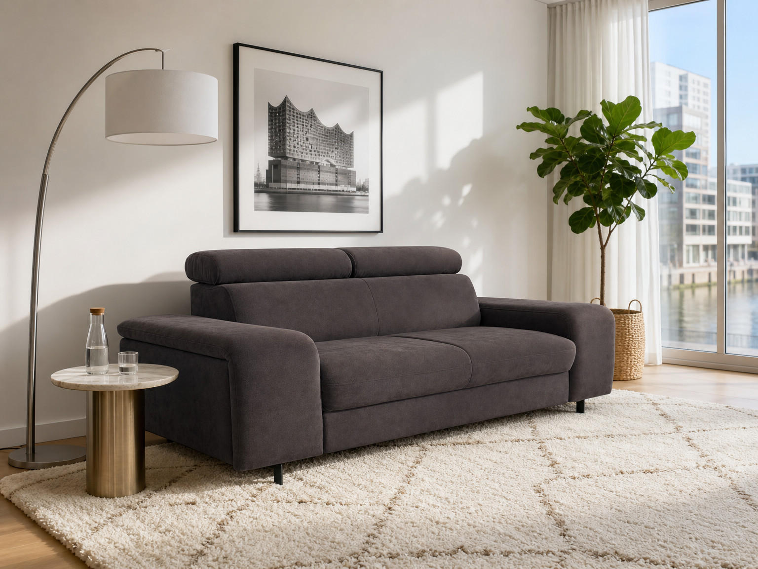 2,5-SITZER Vaasa Flachgewebe Grau klappb. Kopfstützen 198/100/81 cm - Anthrazit, Kunststoff/Textil (198/81/70cm) - foamnova
