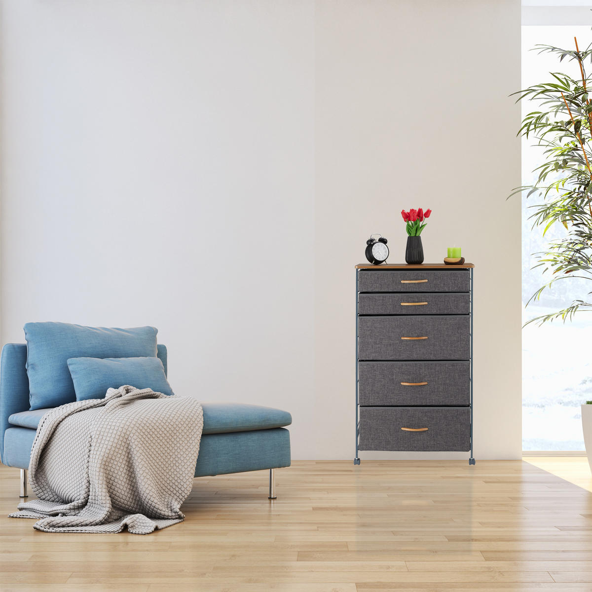 SCHUBLADENSCHRANK - Anthrazit, Holzwerkstoff/Textil (58/96.5/30cm) - Relaxdays