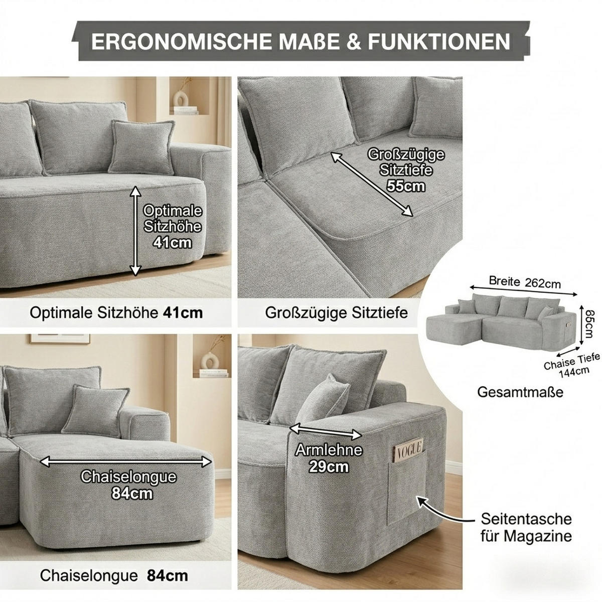 ECKSOFA 262/144/65 cm Grau mit Aufbewahrungsbeutel - Grau, Textil (262/144cm) - Oxeza