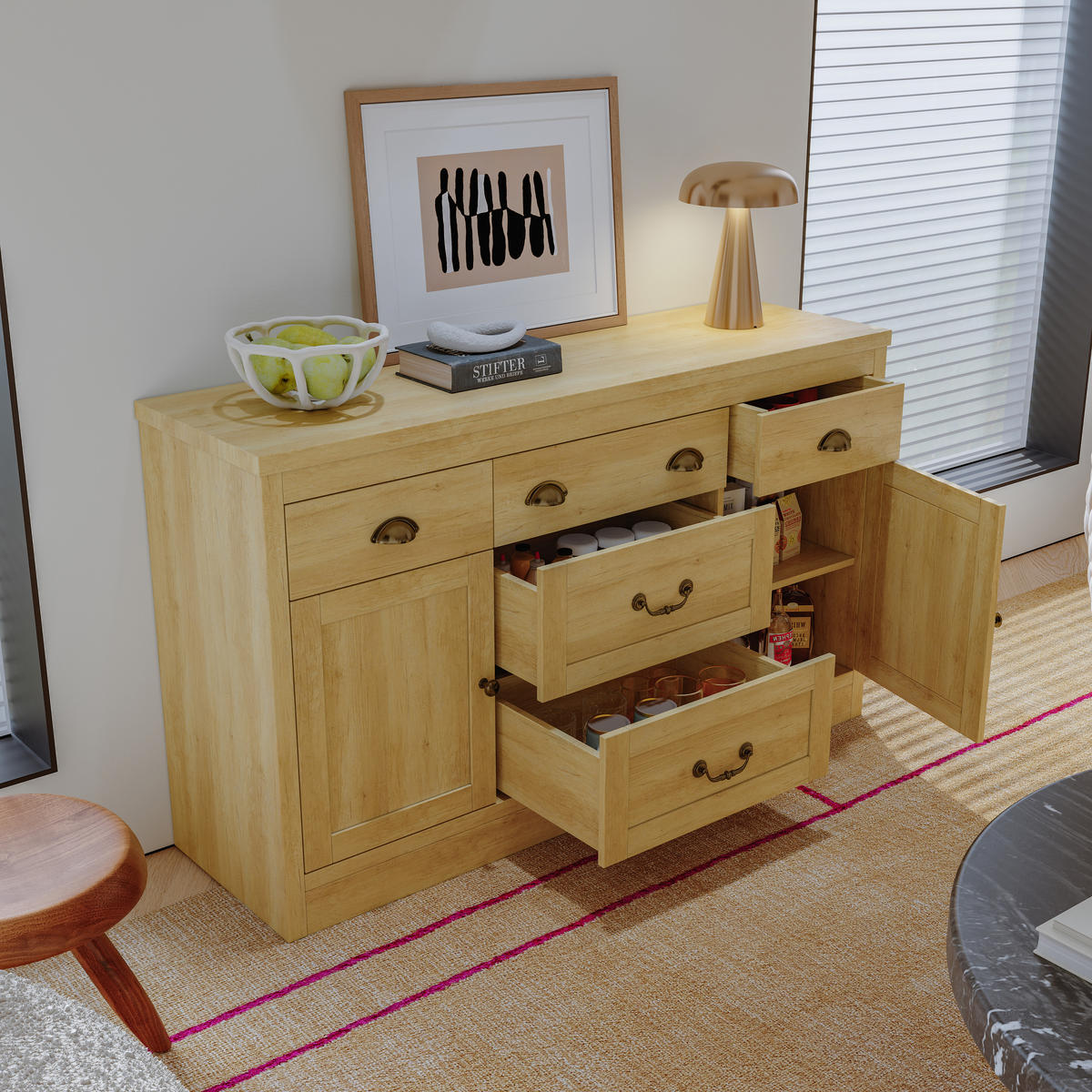 SIDEBOARD 135x40x80 cm 2 Türen 5 Schubladen Holzfarben - Naturfarben, Holz (135/80/39.5cm) - LEBENLANG