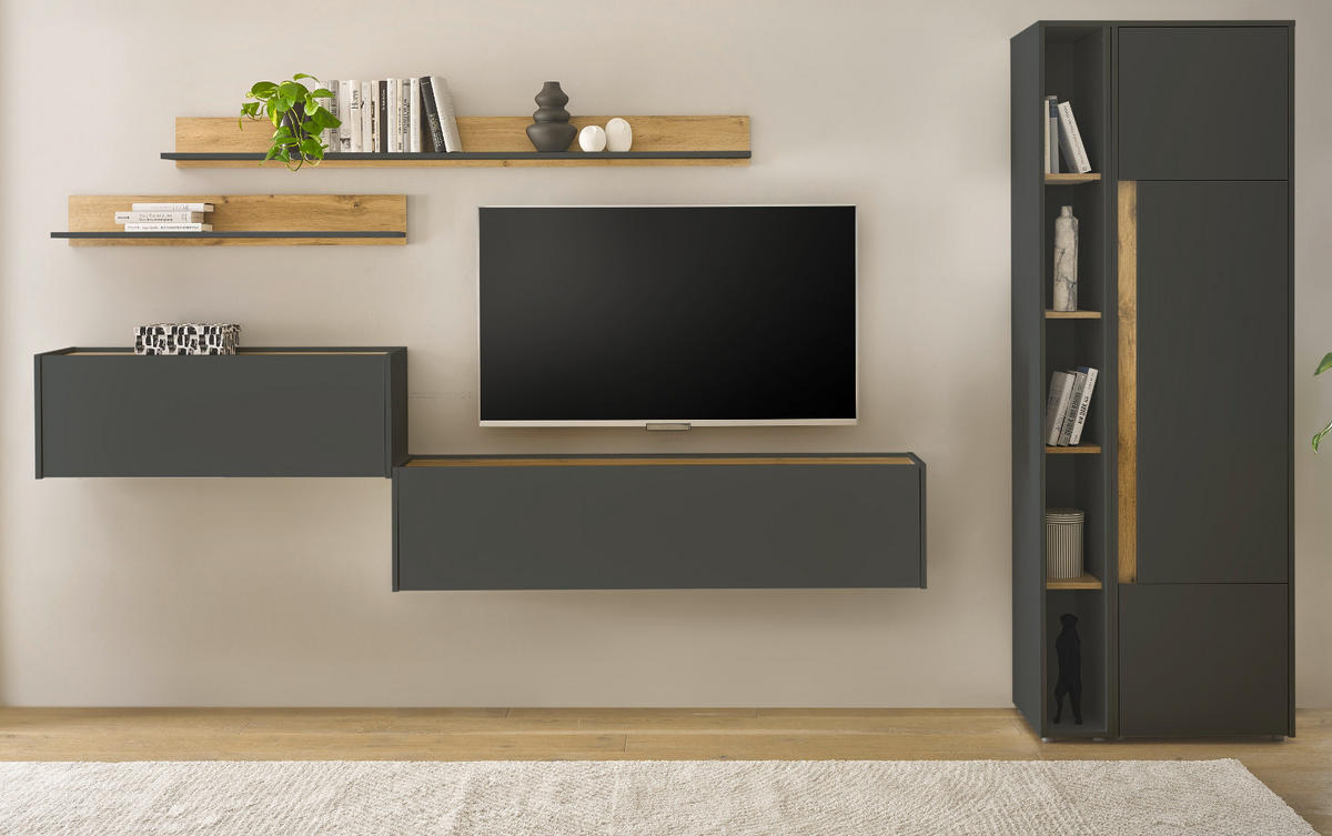 WOHNWAND mit Sekretär grau matt, Eiche Wotan 340 cm, Wohnkombination 6-teilig - Eiche Wotan/Grau, Holzwerkstoff/Metall (340/200/40cm) - Furn.Design
