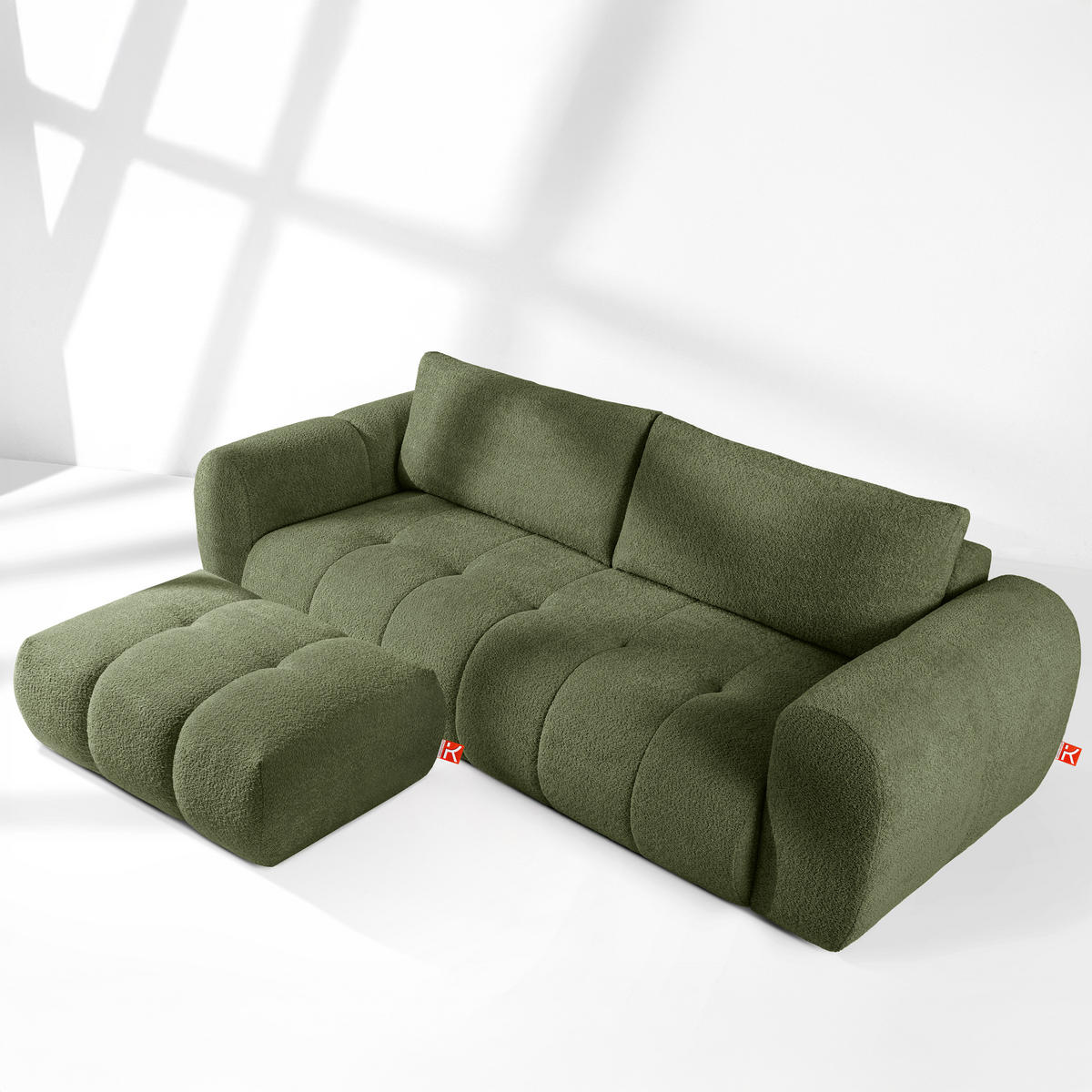 SOFA LIRA mit Pouf, Olivgrün, Bouclé - Olivgrün, Holz/Holzwerkstoff (96/43/50cm) - KONSIMO®