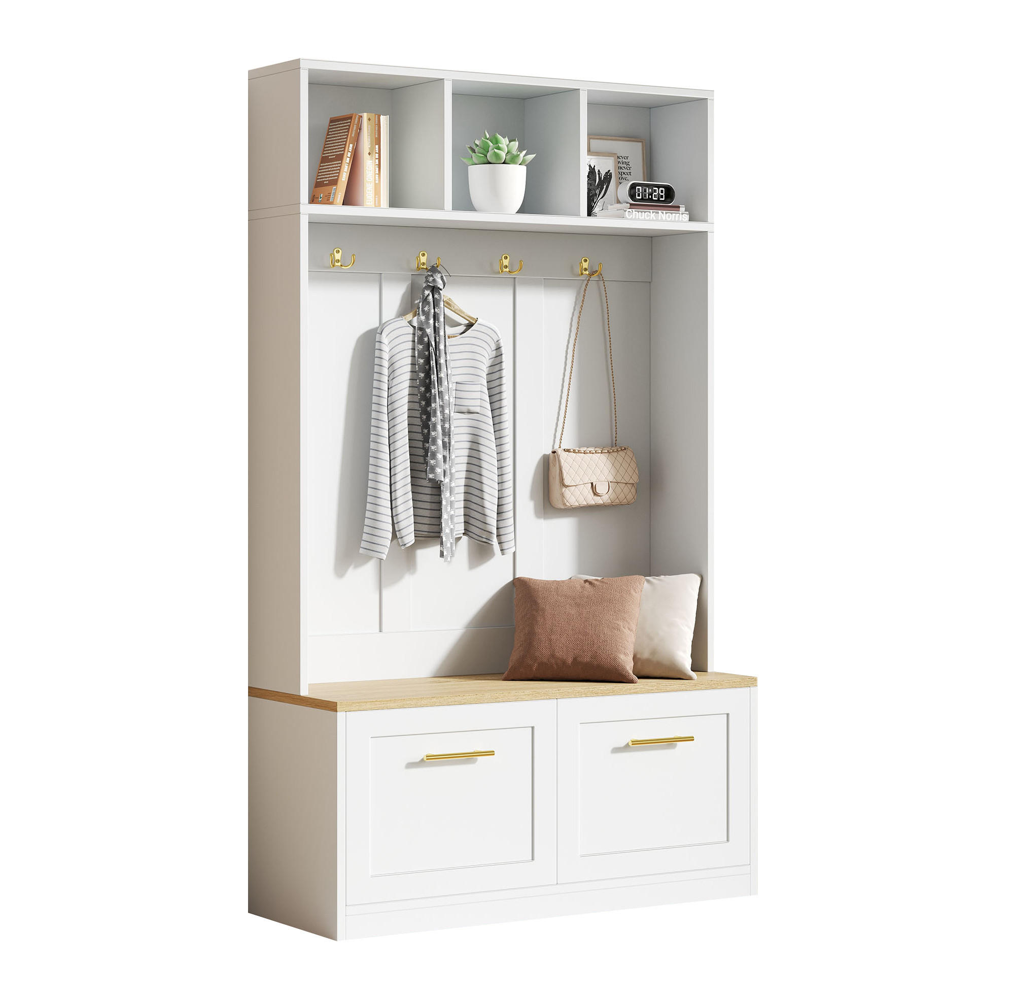 DIELENGARDEROBE mit 4 Haken und Sitzbank, 105/40/180 cm, Natur/Weiß - Naturfarben, Holzwerkstoff (105/180/40cm) - BEAOK