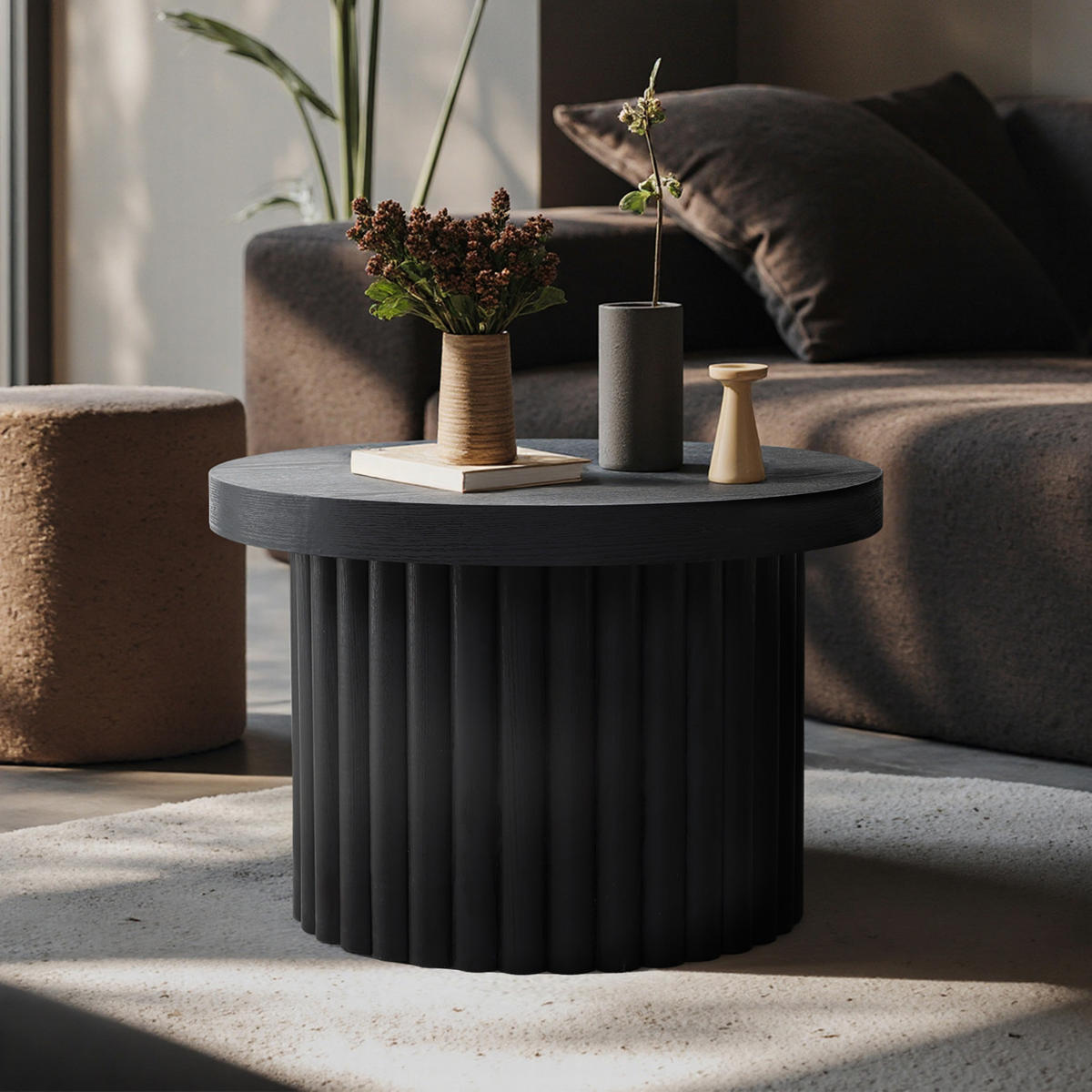 COUCHTISCH Rund, Schwarz aus MDF mit PU-Holzdessin | Ø60 x H40 cm - Schwarz, Holz (60/60/40cm) - Hometopia