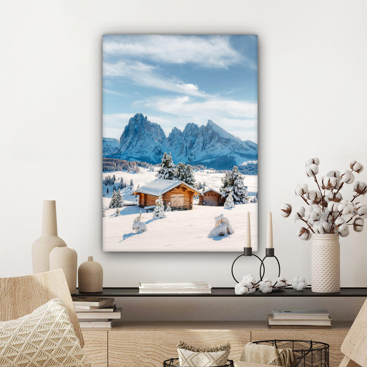 LEINWANDBILD Winter - Hütte - Berge - Aussicht - Schnee Wandbild Wohnzimmer 60x80 cm - Eichefarben, Textil (60/80cm) - MuchoWow