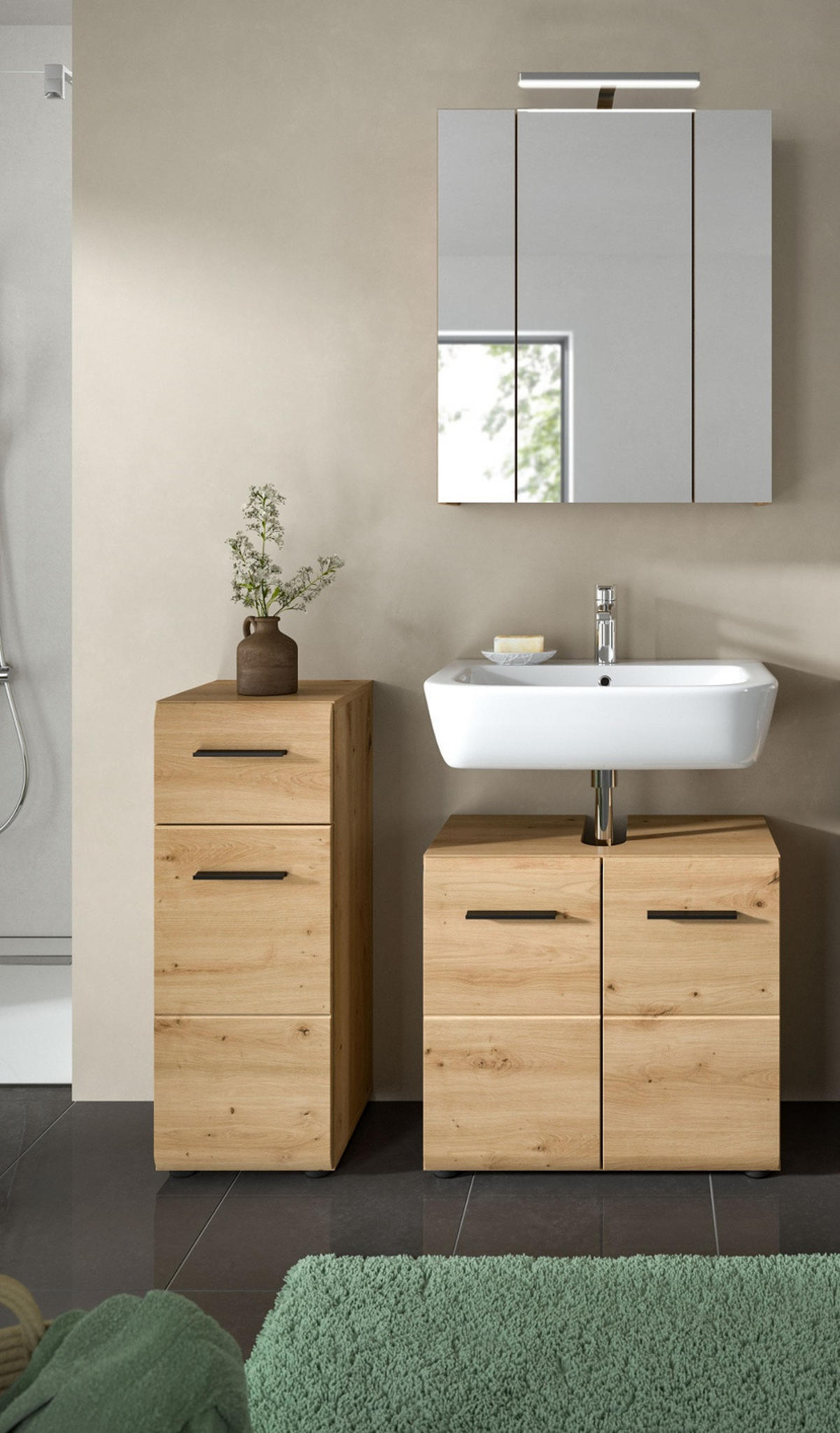 MIDISCHRANK in Eiche Artisan, Bad Unterschrank mit Vollauszug Schubkasten, 30 x 80 cm - Schwarz/Eiche Artisan, Holzwerkstoff/Kunststoff (30/80/30cm) - Inn.Furn