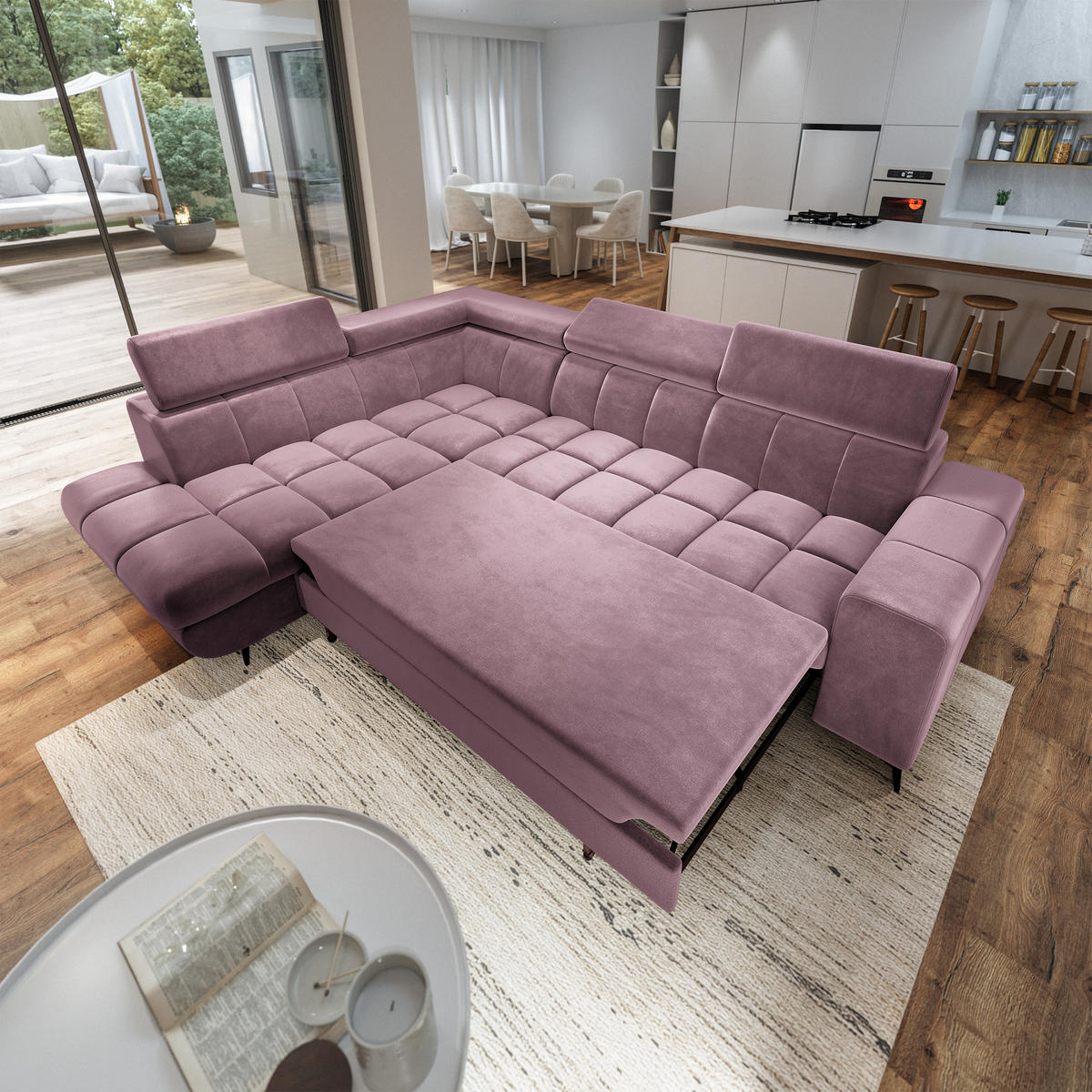 ECKSOFA MORIVA L-S Lila Velours-Stoff mit Schlaffunktion - Lila, Holz (253/190cm) - MASSENO