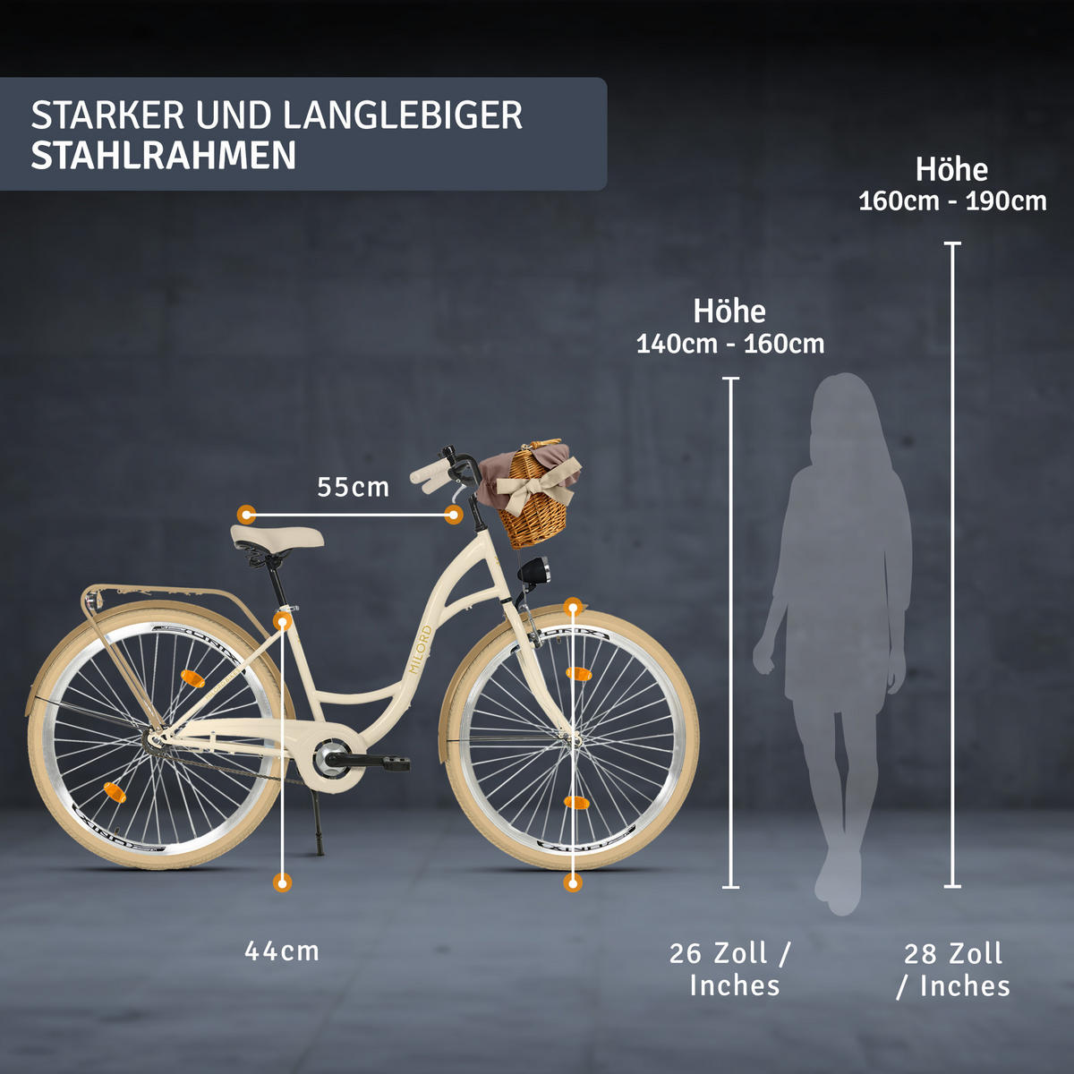 CITY-FAHRRAD Milord mit Weidenkorb, 28 Zoll, Creme-Braun, 1-Gang - Creme/Braun, Metall (46cm) - Milordbikes