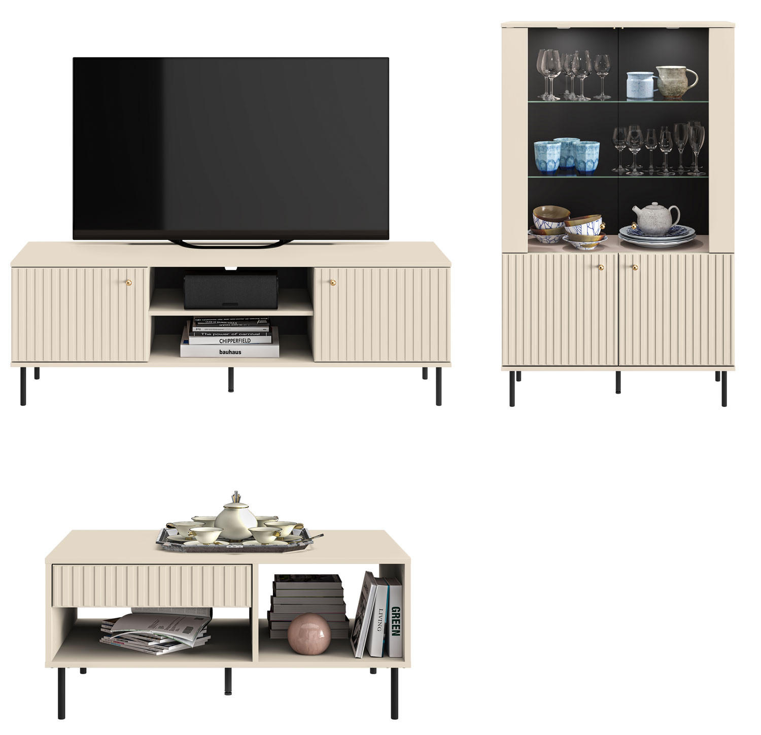WOHNZIMMER-SET Sophie kaschmir matt 3-teilig - Kaschmir/Braun, Holz/Holzwerkstoff (252/151/60cm) - Feldmann-Wohnen