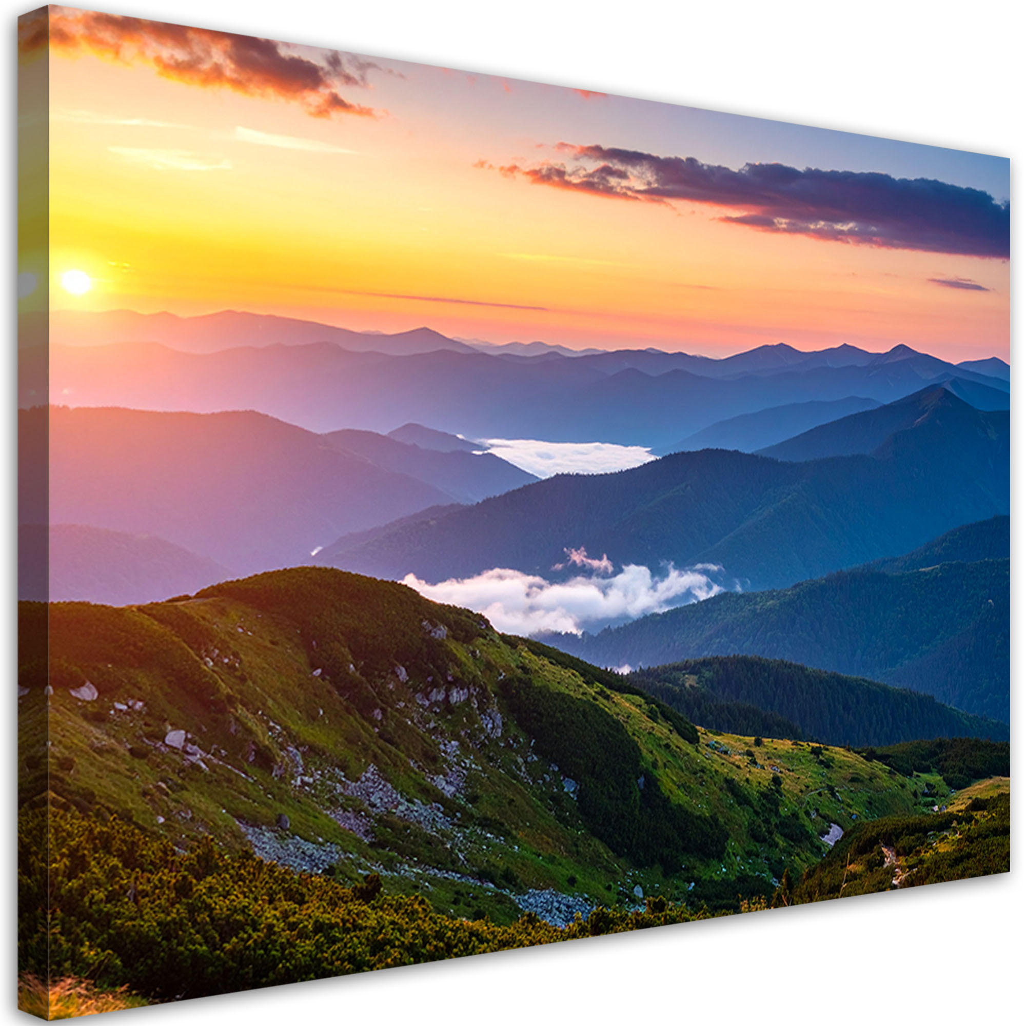 LEINWANDBILD Berglandschaft Sonnenuntergang 120x80cm - Multicolor, Textil (120/80cm) - Feeby