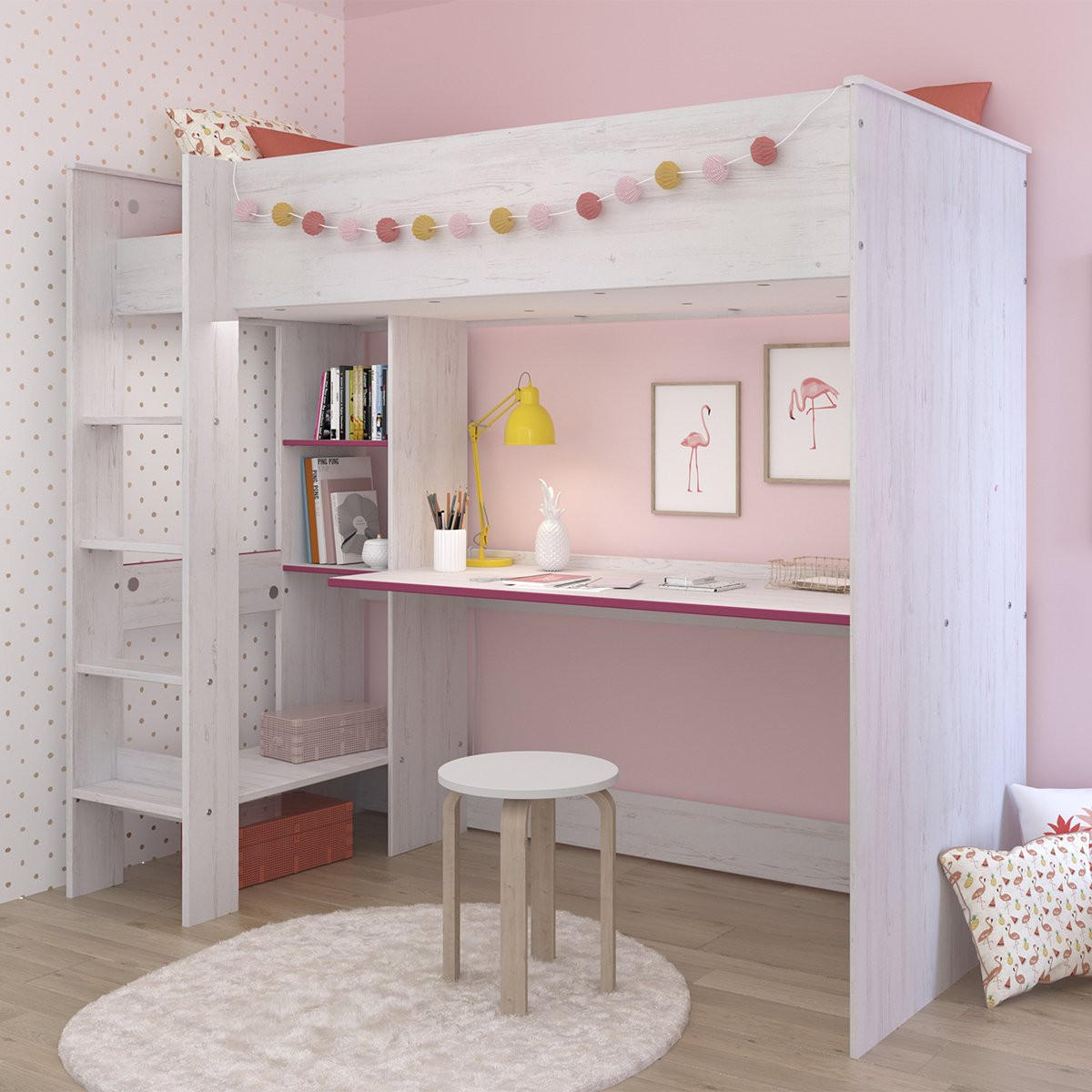 MEZZANINBETT mit Schreibtisch in weißer Holzoptik - 90x200 - Snoozy - Apfelbaumfarben, Holzwerkstoff (90/200cm) - Calicosy