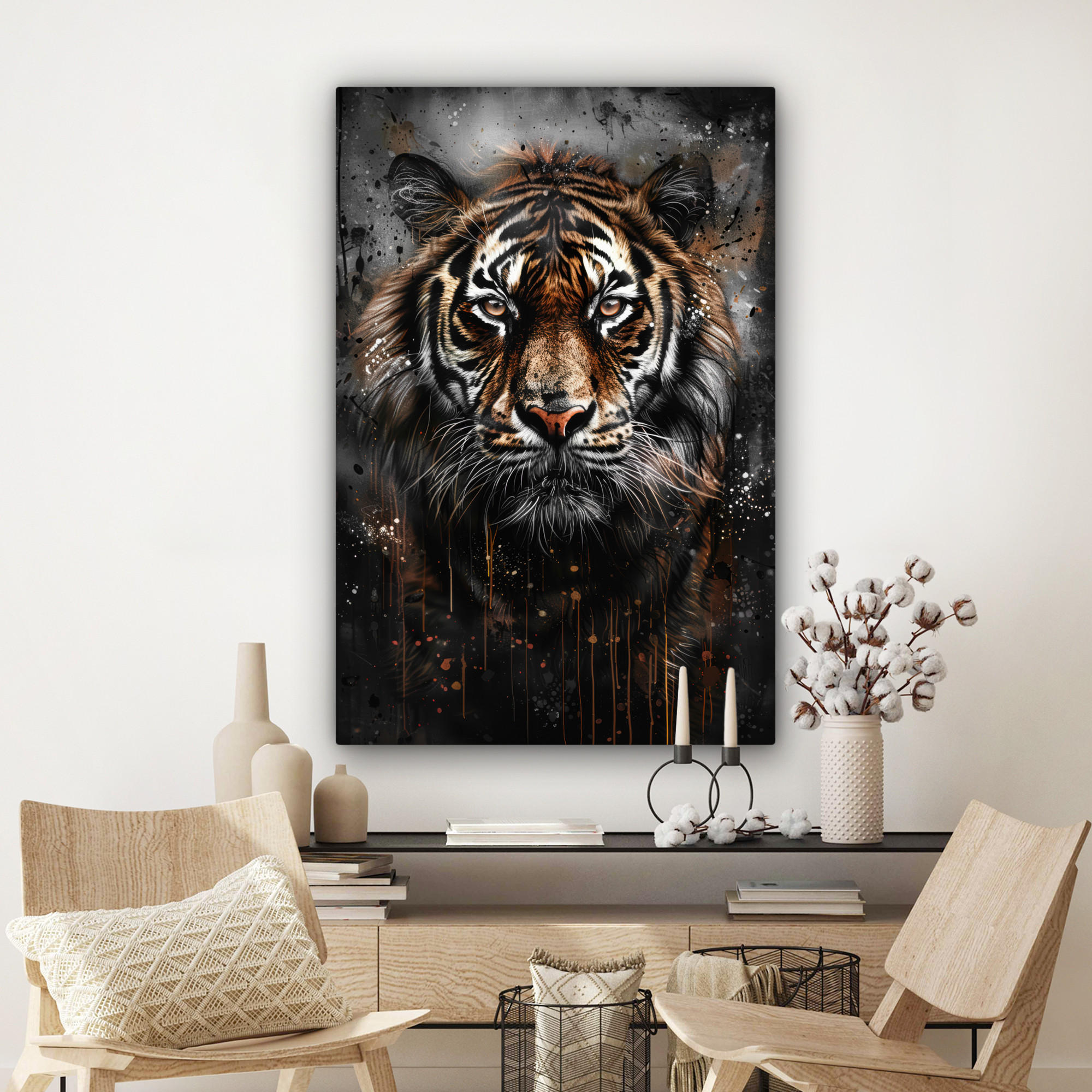 LEINWANDBILD Tiger - Tiere - Porträt - Luxus - Schwarz 90x140 cm - Anthrazit, Textil (90/140cm) - MuchoWow