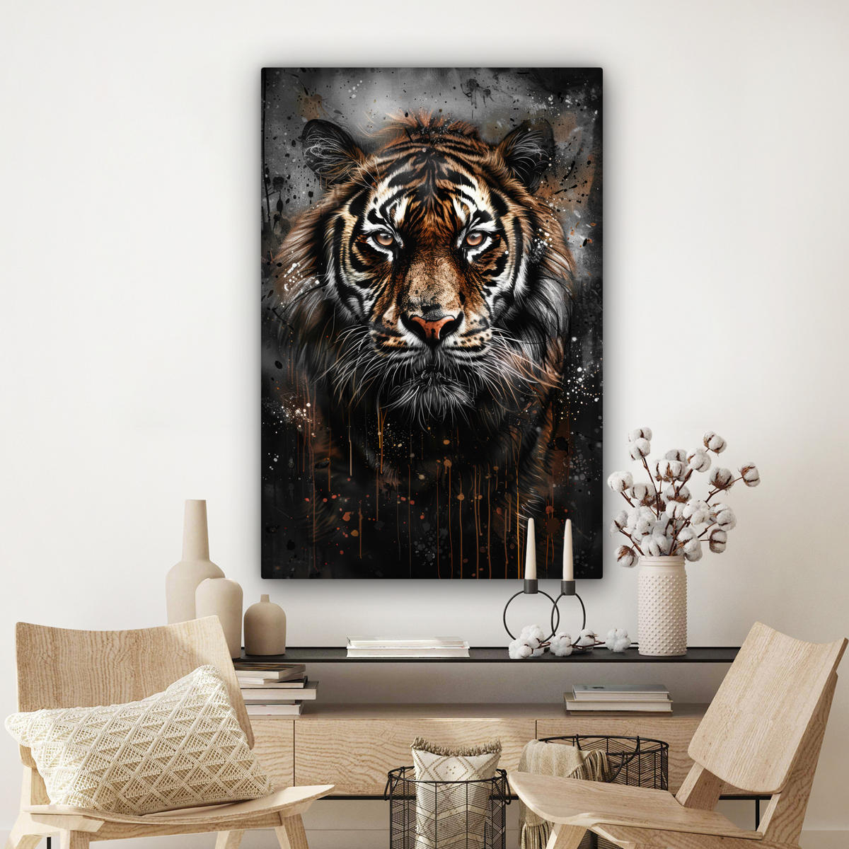 LEINWANDBILD Tiger - Tiere - Porträt - Luxus - Schwarz 90x140 cm - Anthrazit, Textil (90/140cm) - MuchoWow